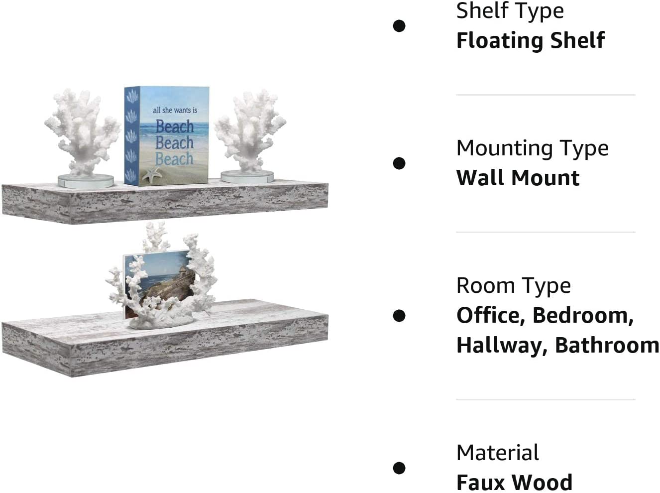 Home Zone Floating Shelf Set - Rustic Wood Coastal Beach Style Hanging Rectangle Wall Shelves for Home Décor, Trophy Display