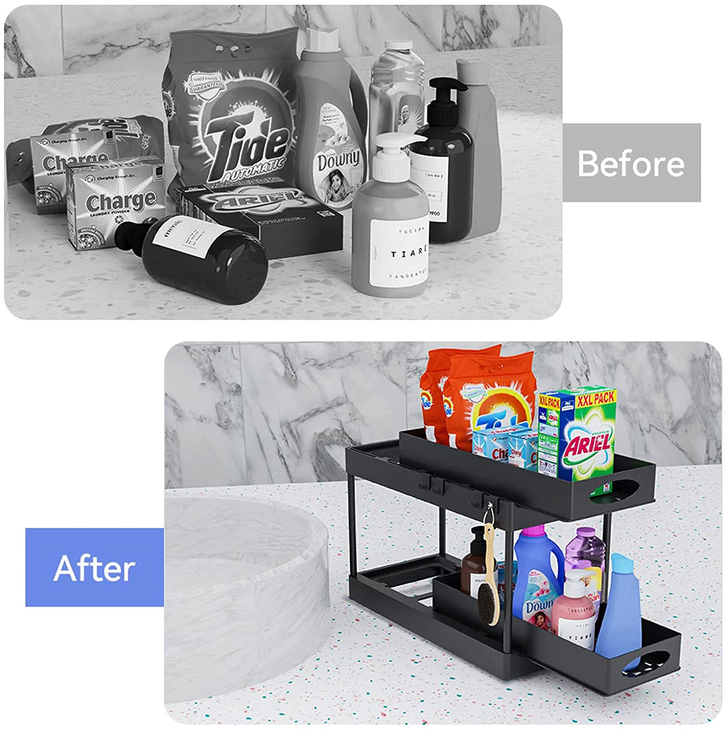 Pull Out Under Sink Cabinet Organizer, 2-Tier Sliding Storage Drawer Basket Organizer