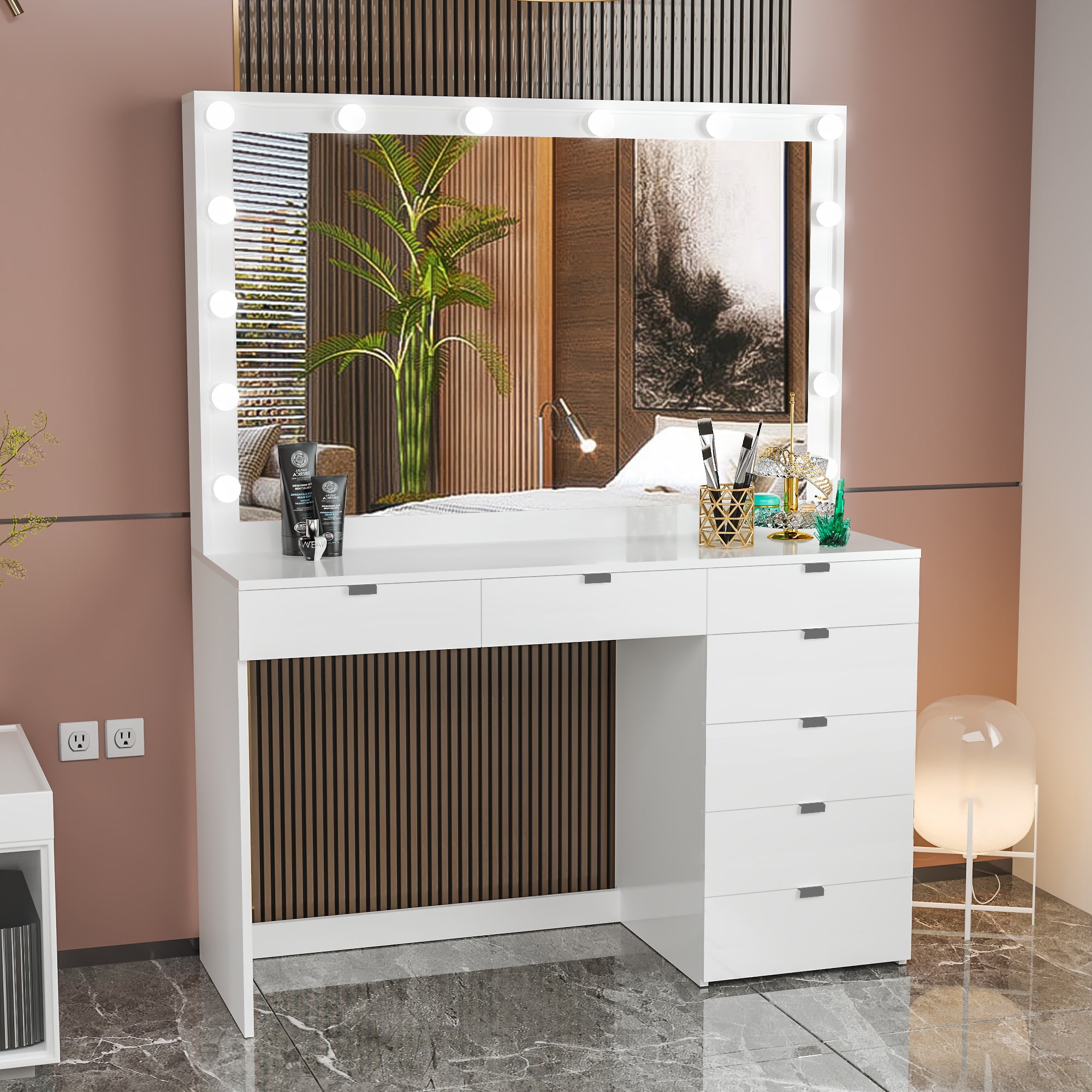 Boahaus Diana Modern Lighted Vanity Desk, White Finish, for Bedroom