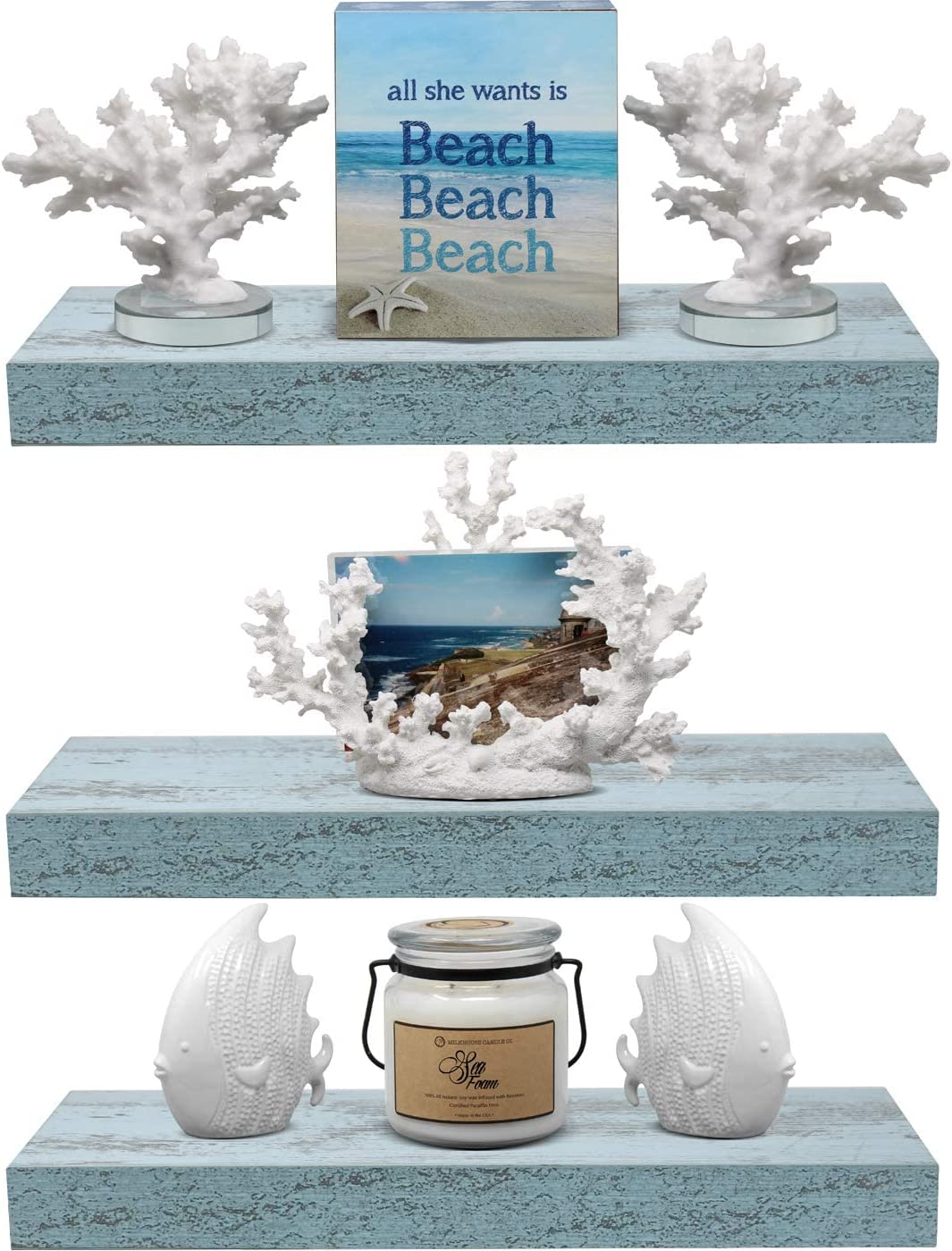 Home Zone Floating Shelf Set - Rustic Wood Coastal Beach Style Hanging Rectangle Wall Shelves for Home Décor, Trophy Display