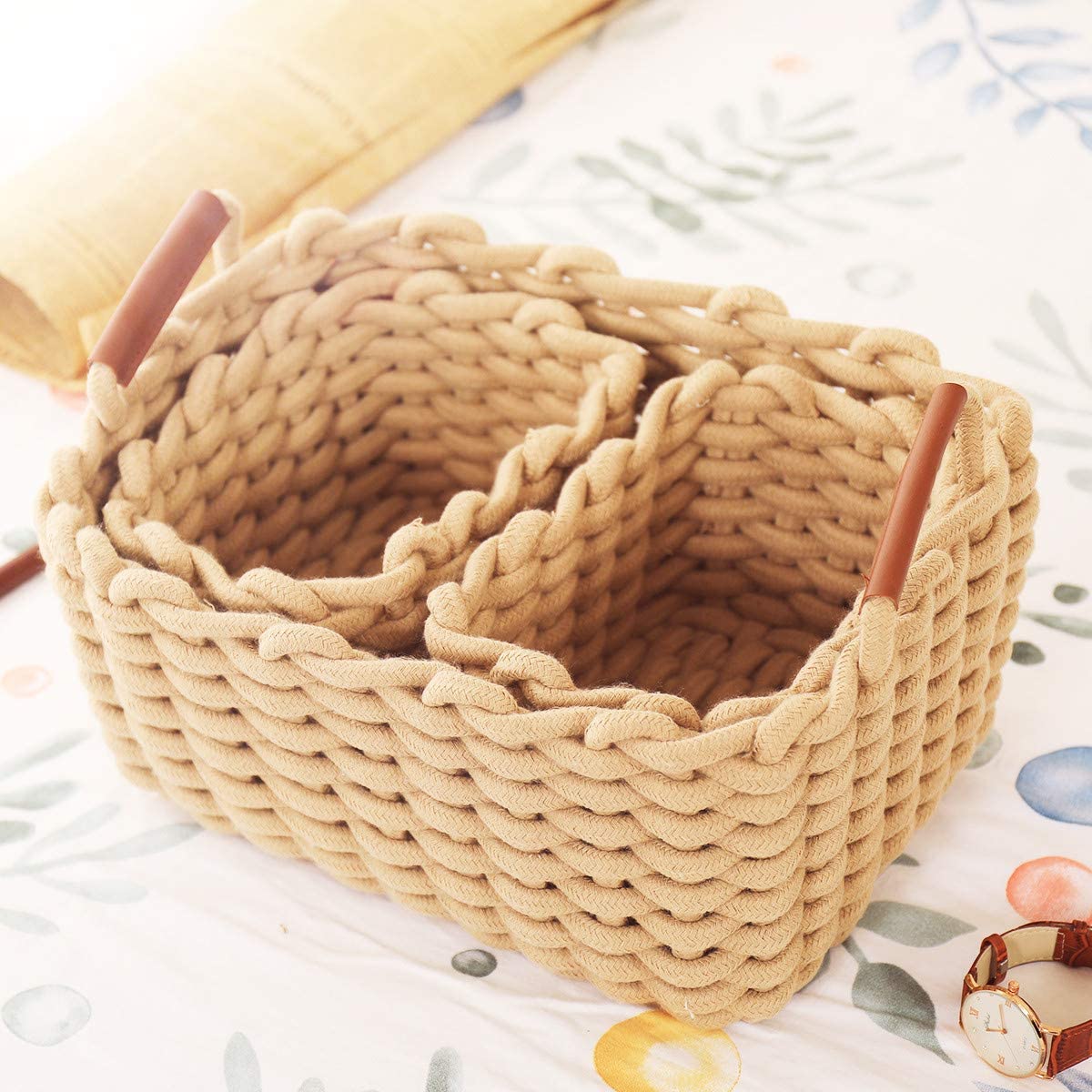 JJSQYLAN Cotton Rope Blanket Storage Basket for shelf,small decorative woven basket Organization and storage for Candy Food Nursery Baby Clothes Towels Diaper Caddy Books (Set of 3, Beige)