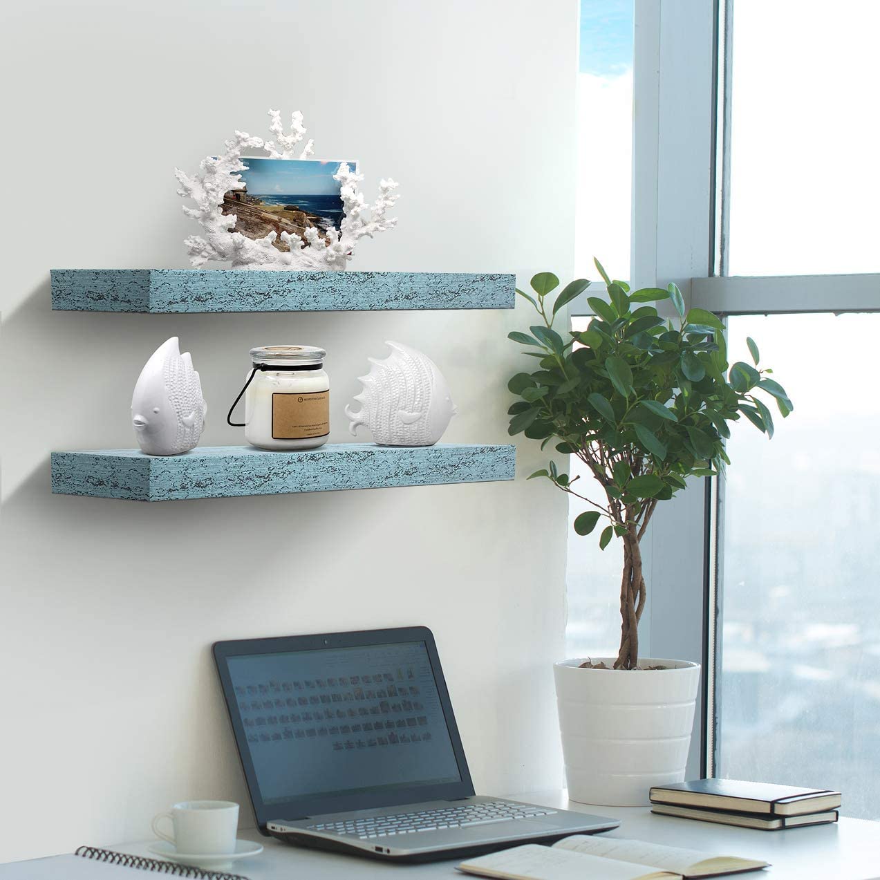 Home Zone Floating Shelf Set - Rustic Wood Coastal Beach Style Hanging Rectangle Wall Shelves for Home Décor, Trophy Display