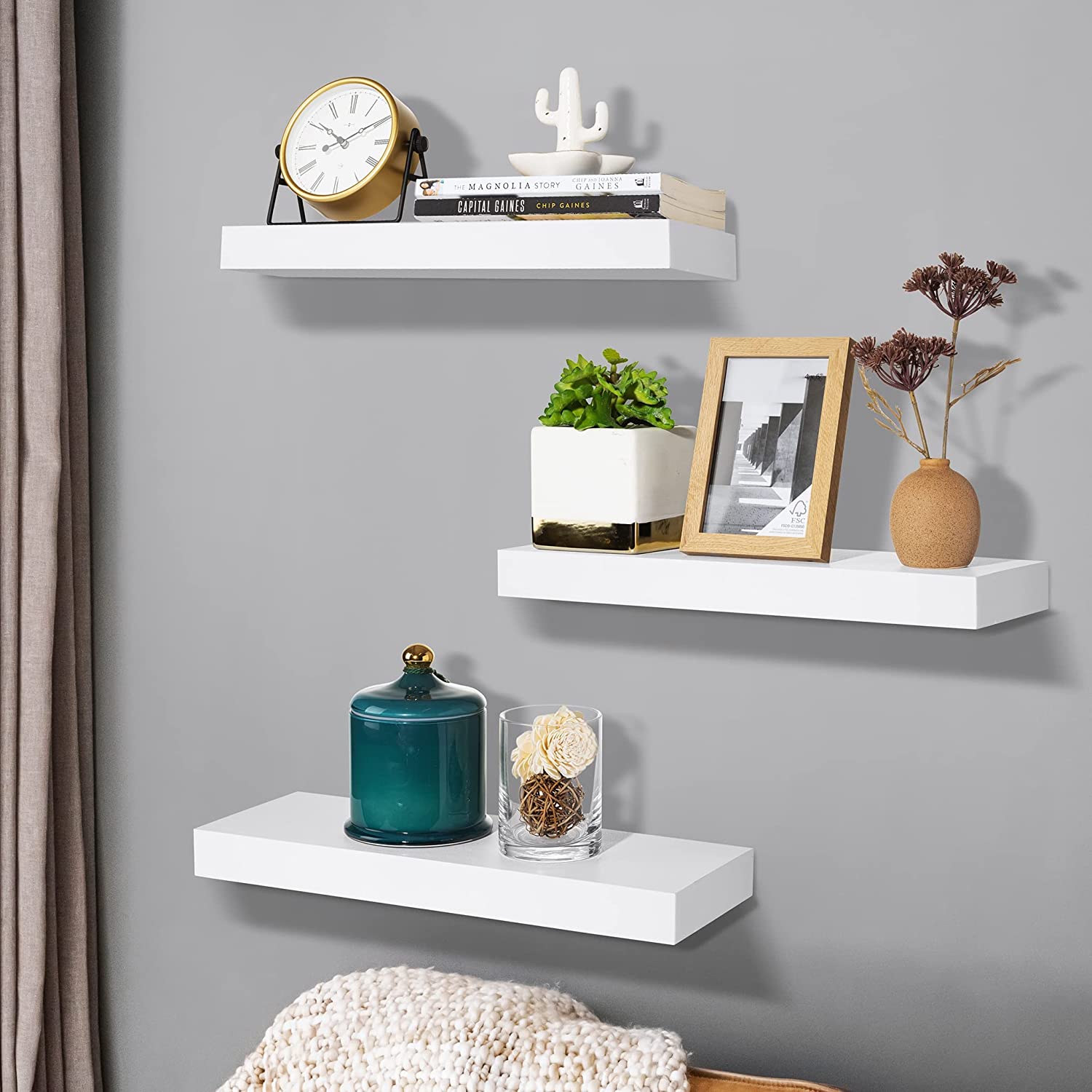 Sorbus Floating Shelf Set — Rustic Wood Hanging Rectangle Wall Shelves — Perfect for Home Décor, Trophy Display, Photo Frames, and More