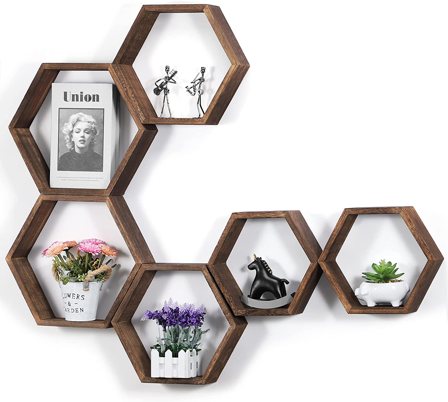 Hexagonal Floating Shelves Wall Mounted, Set of 5 Wood Farmhouse Storage Honeycomb Wall Shelf for Bathroom