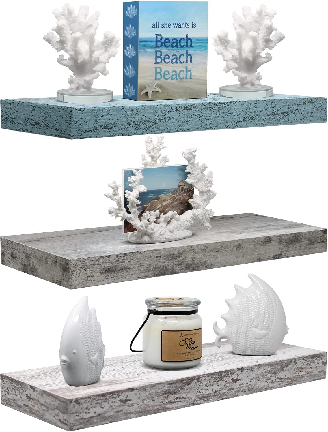 Home Zone Floating Shelf Set - Rustic Wood Coastal Beach Style Hanging Rectangle Wall Shelves for Home Décor, Trophy Display