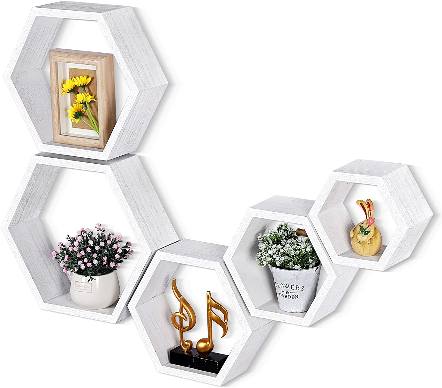 Hexagonal Floating Shelves Wall Mounted, Set of 5 Wood Farmhouse Storage Honeycomb Wall Shelf for Bathroom