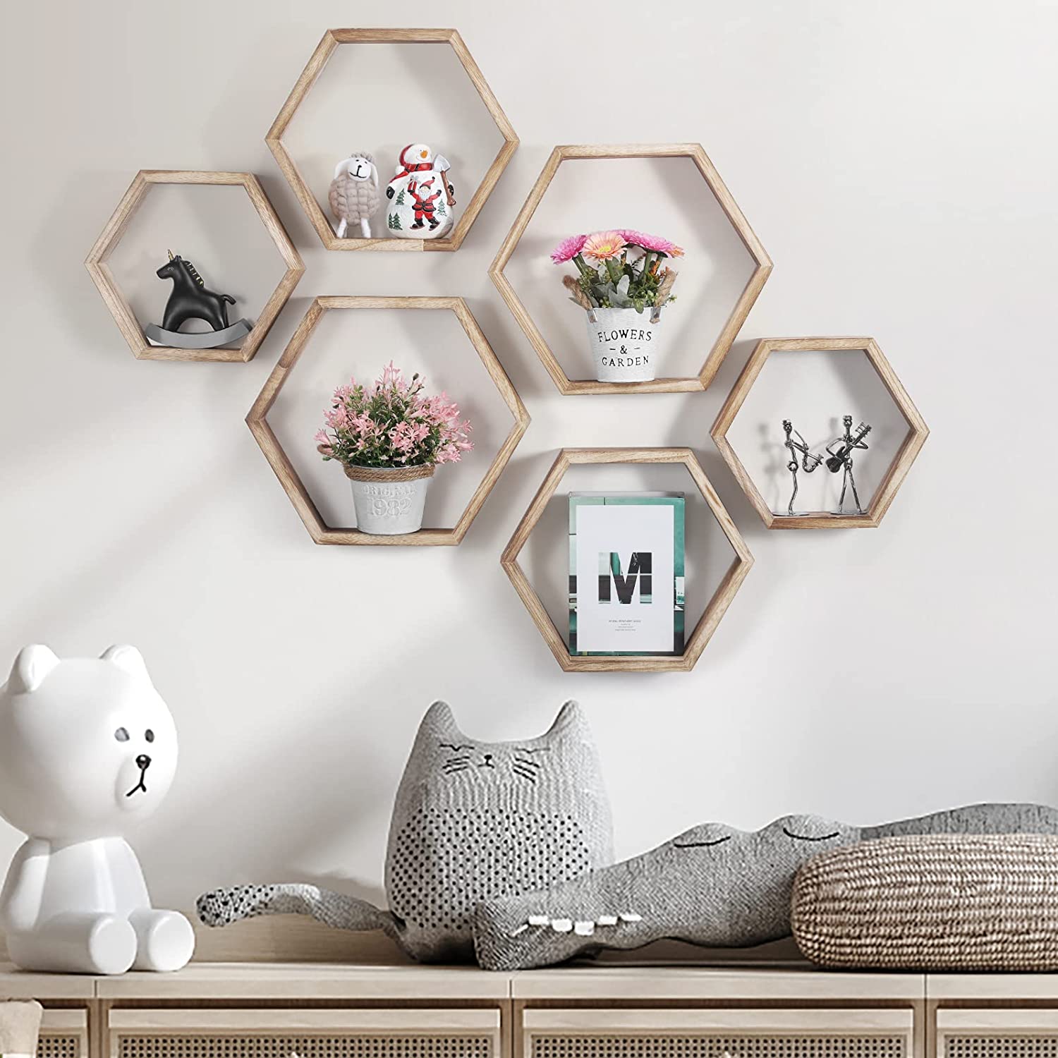 Hexagonal Floating Shelves Wall Mounted, Set of 5 Wood Farmhouse Storage Honeycomb Wall Shelf for Bathroom