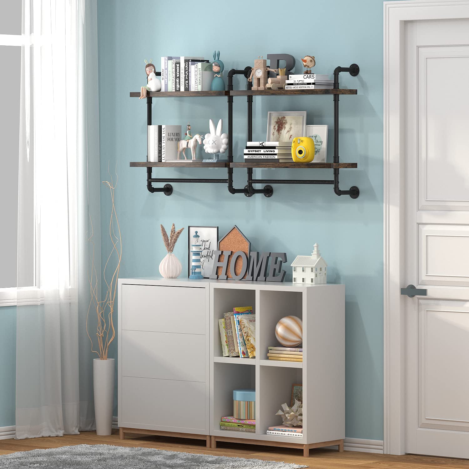 Helsin 24inch Industrial Pipe Shelving Bathroom Shelves Wall Mounted with Towel bar, 2 Tier Rustic Wood Floating Shelf