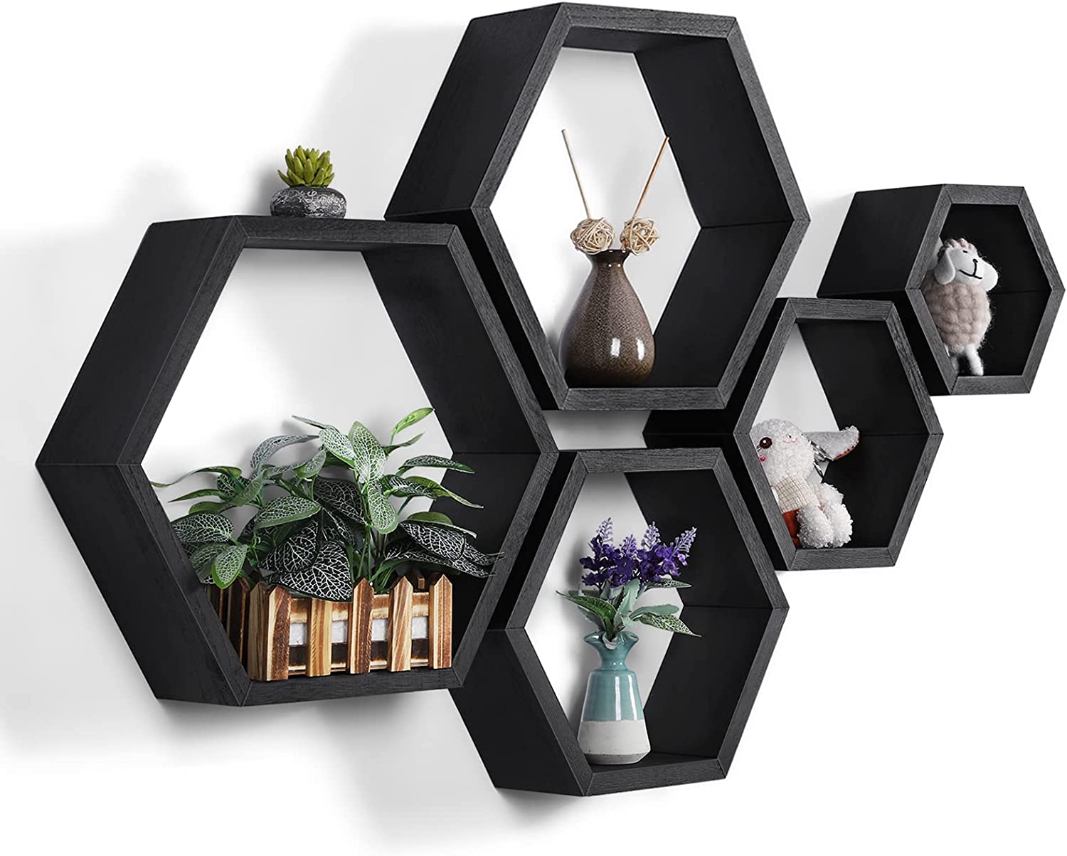 Hexagonal Floating Shelves Wall Mounted, Set of 5 Wood Farmhouse Storage Honeycomb Wall Shelf for Bathroom