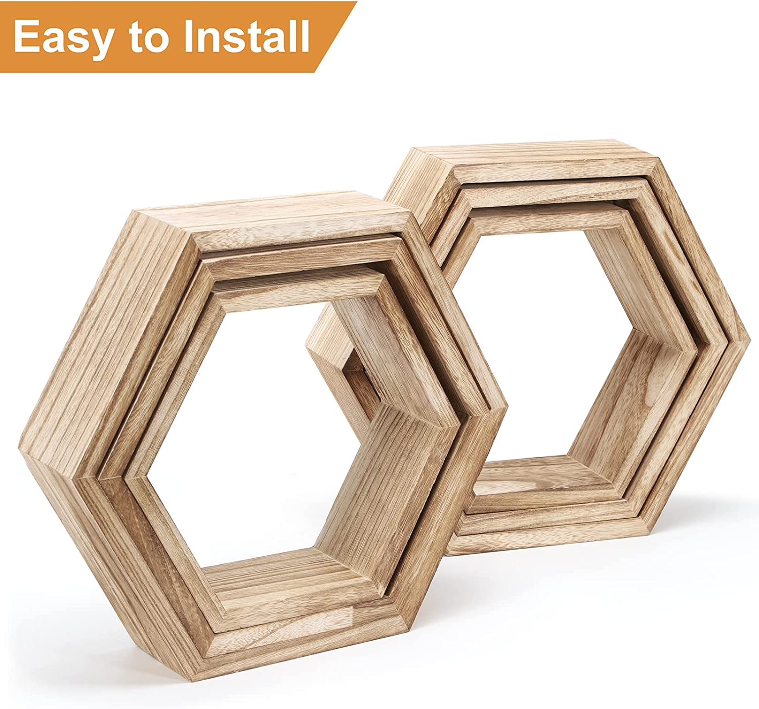 Hexagonal Floating Shelves Wall Mounted, Set of 5 Wood Farmhouse Storage Honeycomb Wall Shelf for Bathroom