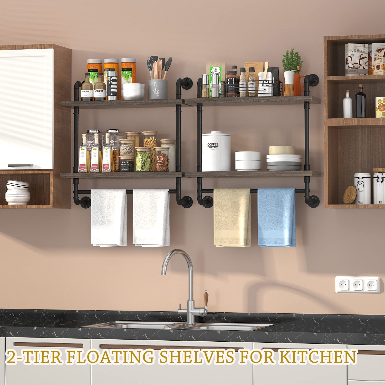 Helsin 24inch Industrial Pipe Shelving Bathroom Shelves Wall Mounted with Towel bar, 2 Tier Rustic Wood Floating Shelf