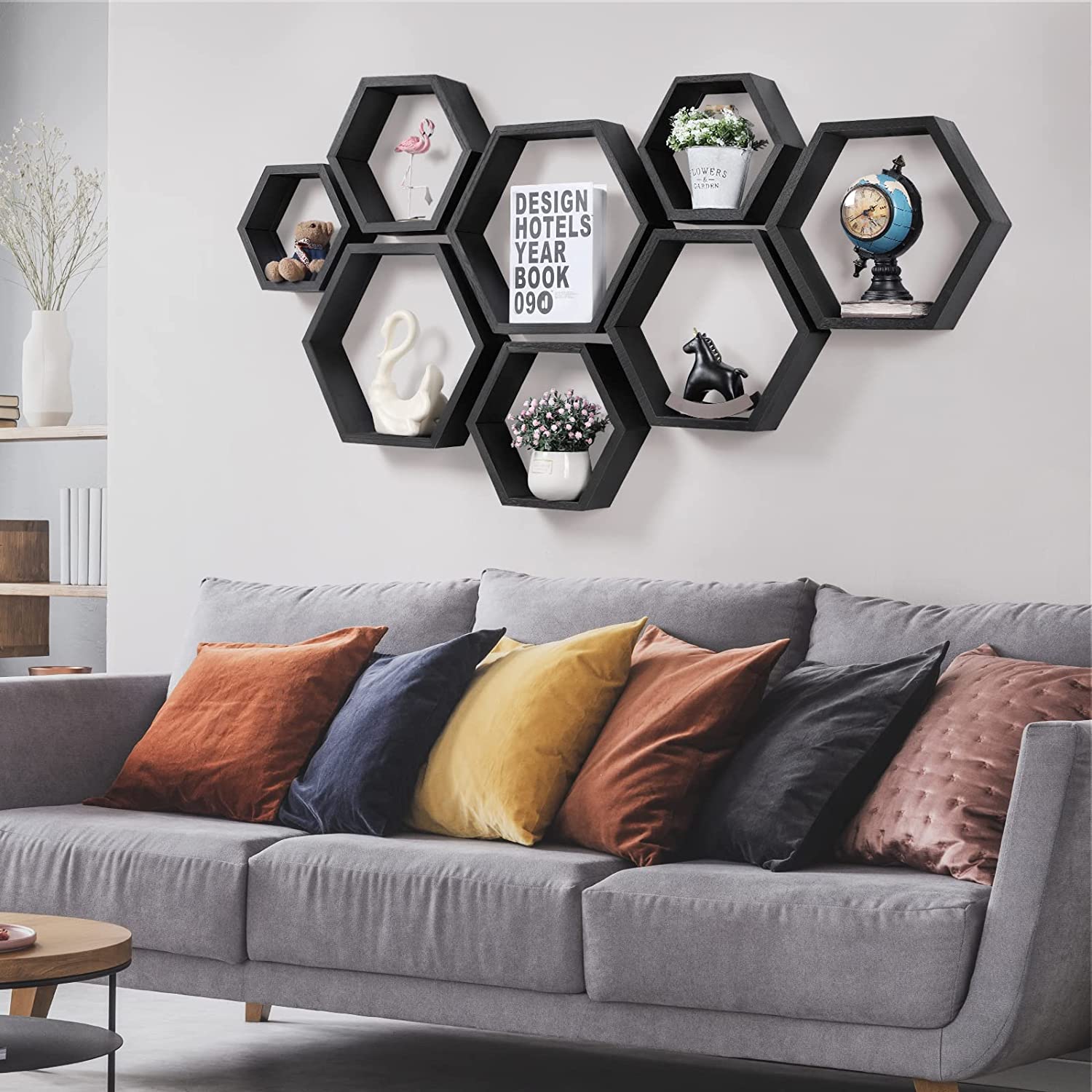 Hexagonal Floating Shelves Wall Mounted, Set of 5 Wood Farmhouse Storage Honeycomb Wall Shelf for Bathroom