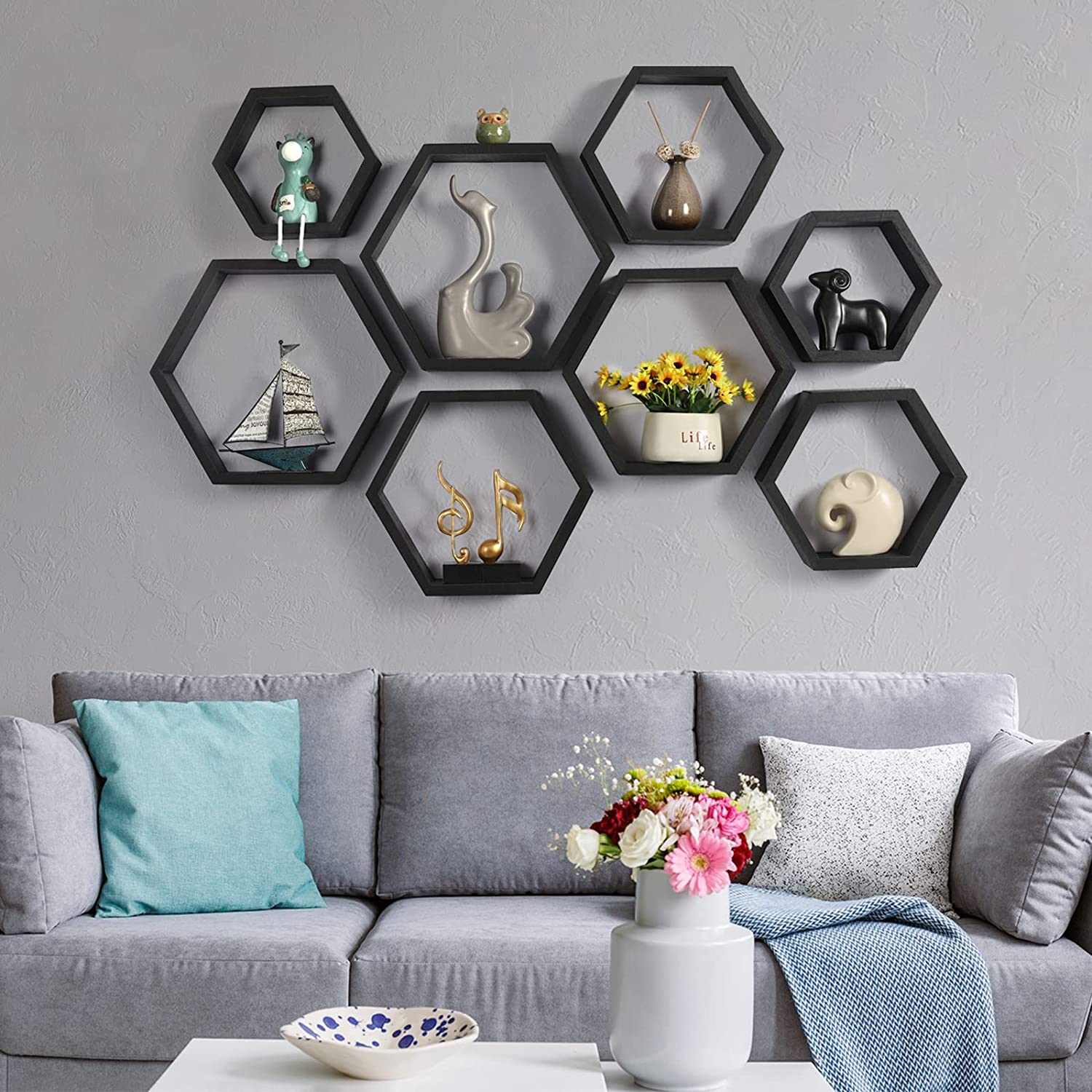 Hexagonal Floating Shelves Wall Mounted, Set of 5 Wood Farmhouse Storage Honeycomb Wall Shelf for Bathroom