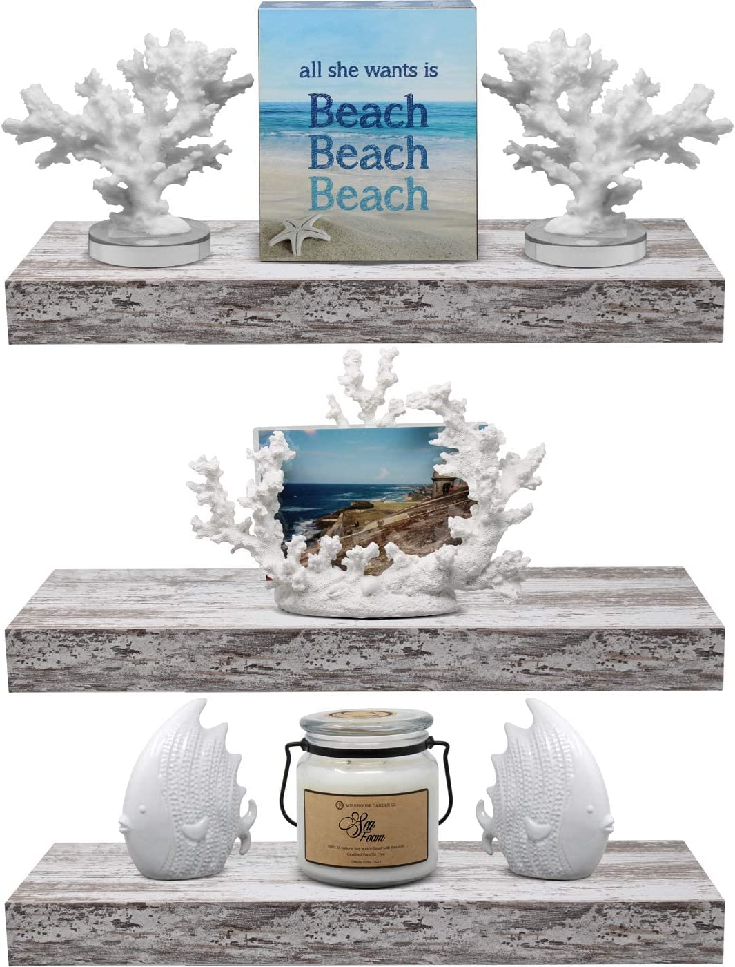 Home Zone Floating Shelf Set - Rustic Wood Coastal Beach Style Hanging Rectangle Wall Shelves for Home Décor, Trophy Display