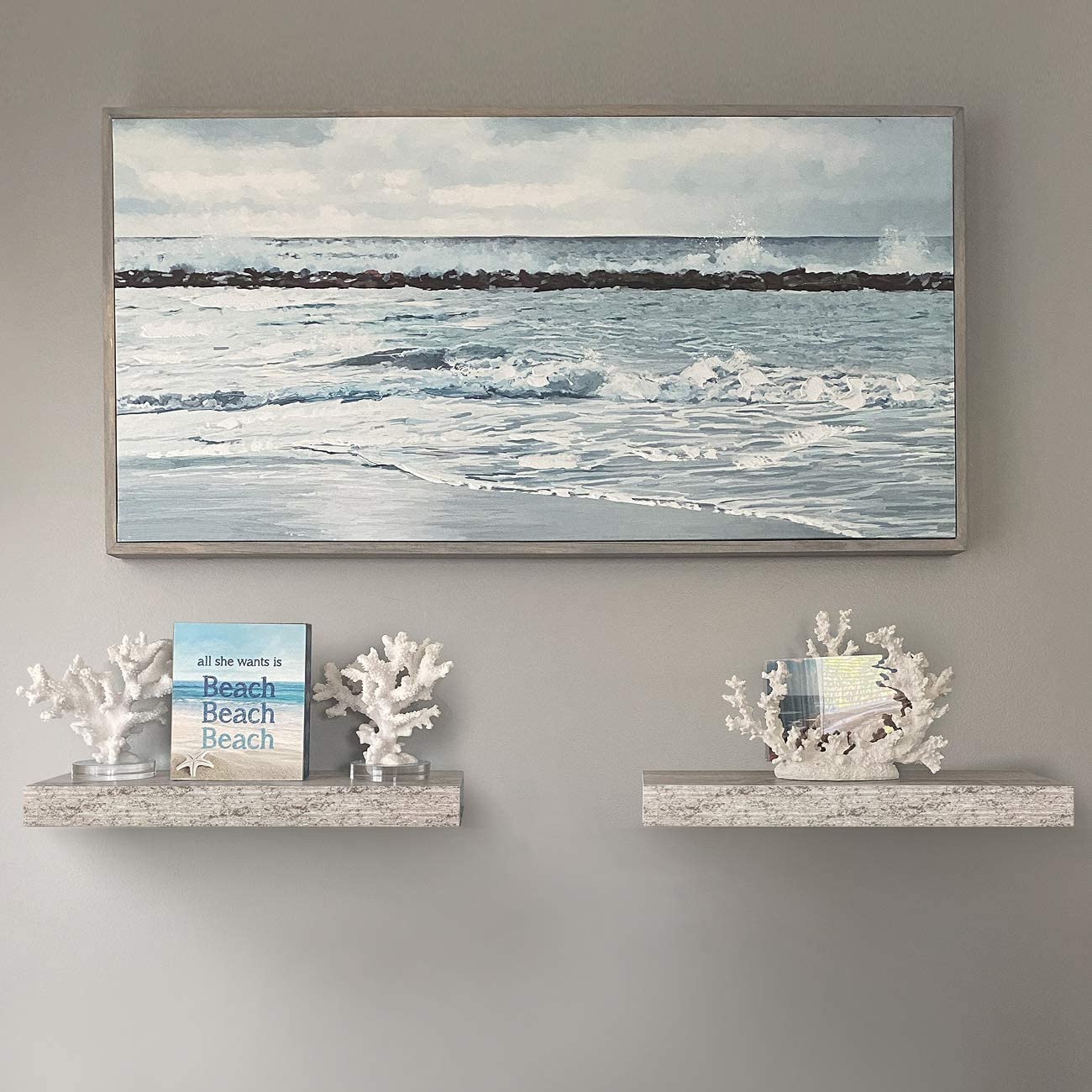 Home Zone Floating Shelf Set - Rustic Wood Coastal Beach Style Hanging Rectangle Wall Shelves for Home Décor, Trophy Display