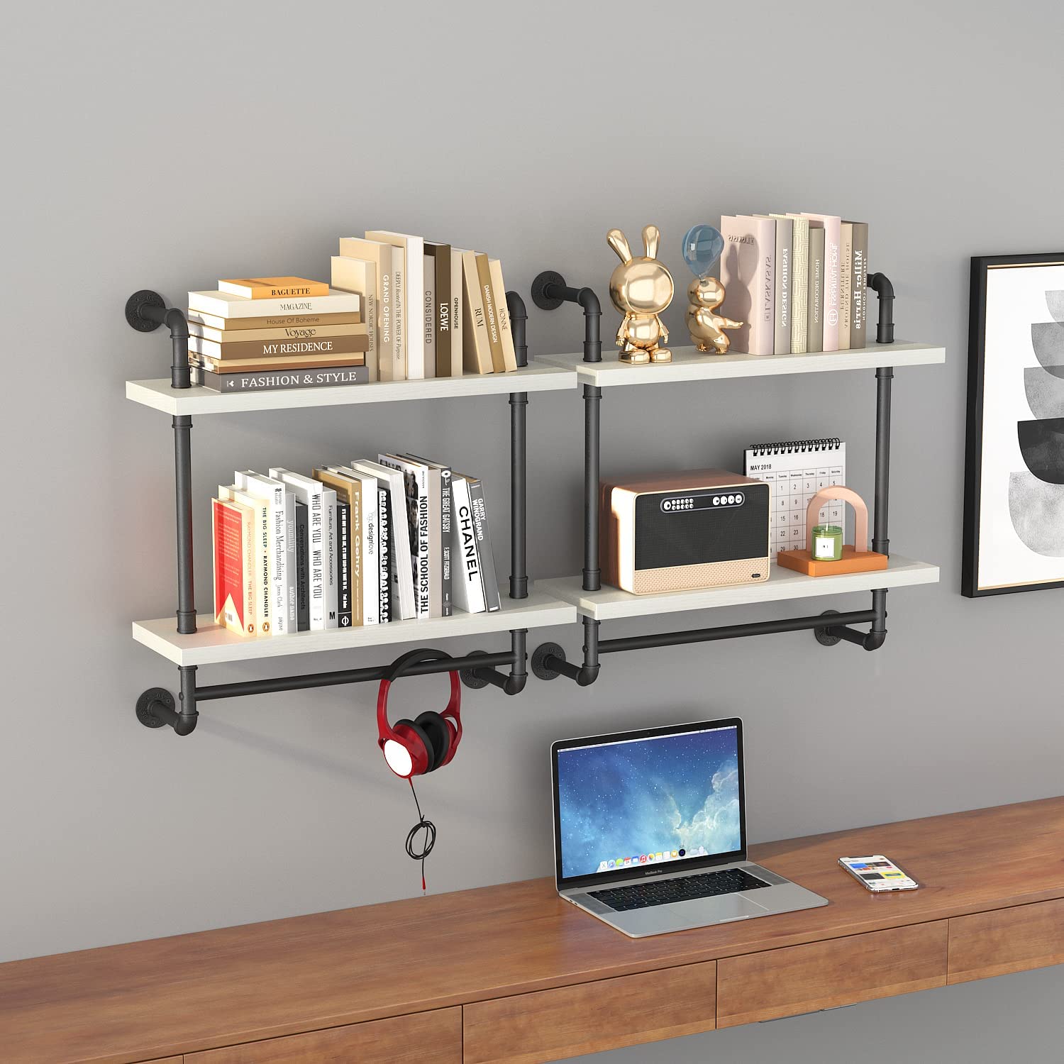 Helsin 24inch Industrial Pipe Shelving Bathroom Shelves Wall Mounted with Towel bar, 2 Tier Rustic Wood Floating Shelf