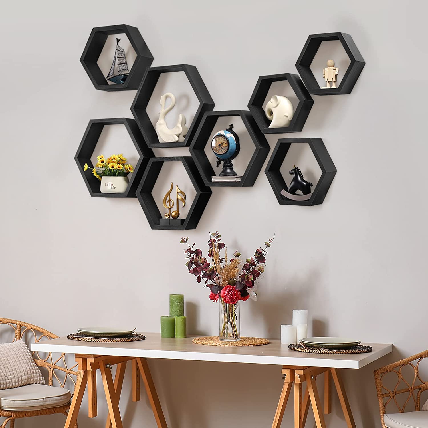 Hexagonal Floating Shelves Wall Mounted, Set of 5 Wood Farmhouse Storage Honeycomb Wall Shelf for Bathroom