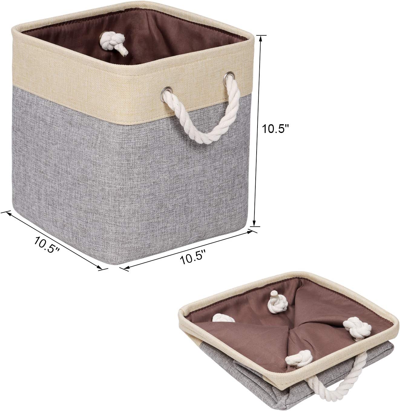 Syeeiex 10.5 Storage Cubes, 10.5'' X 10.5'' X 11'' Cube Storage Bins with Rope Handles, Storage Bin Cubes for Clothes Storage, Home, Nursery Home, Beige & Grey Set of 3