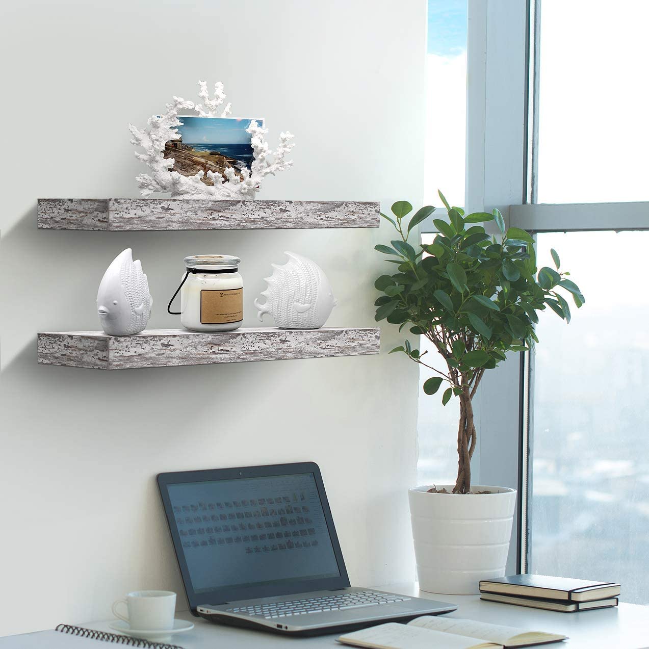 Home Zone Floating Shelf Set - Rustic Wood Coastal Beach Style Hanging Rectangle Wall Shelves for Home Décor, Trophy Display