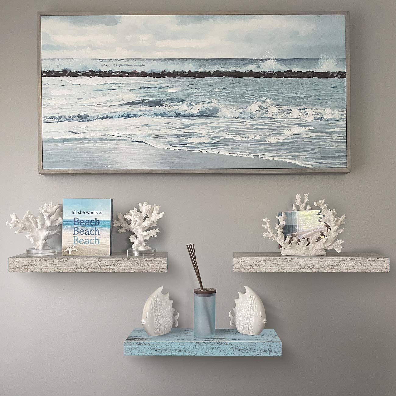 Home Zone Floating Shelf Set - Rustic Wood Coastal Beach Style Hanging Rectangle Wall Shelves for Home Décor, Trophy Display