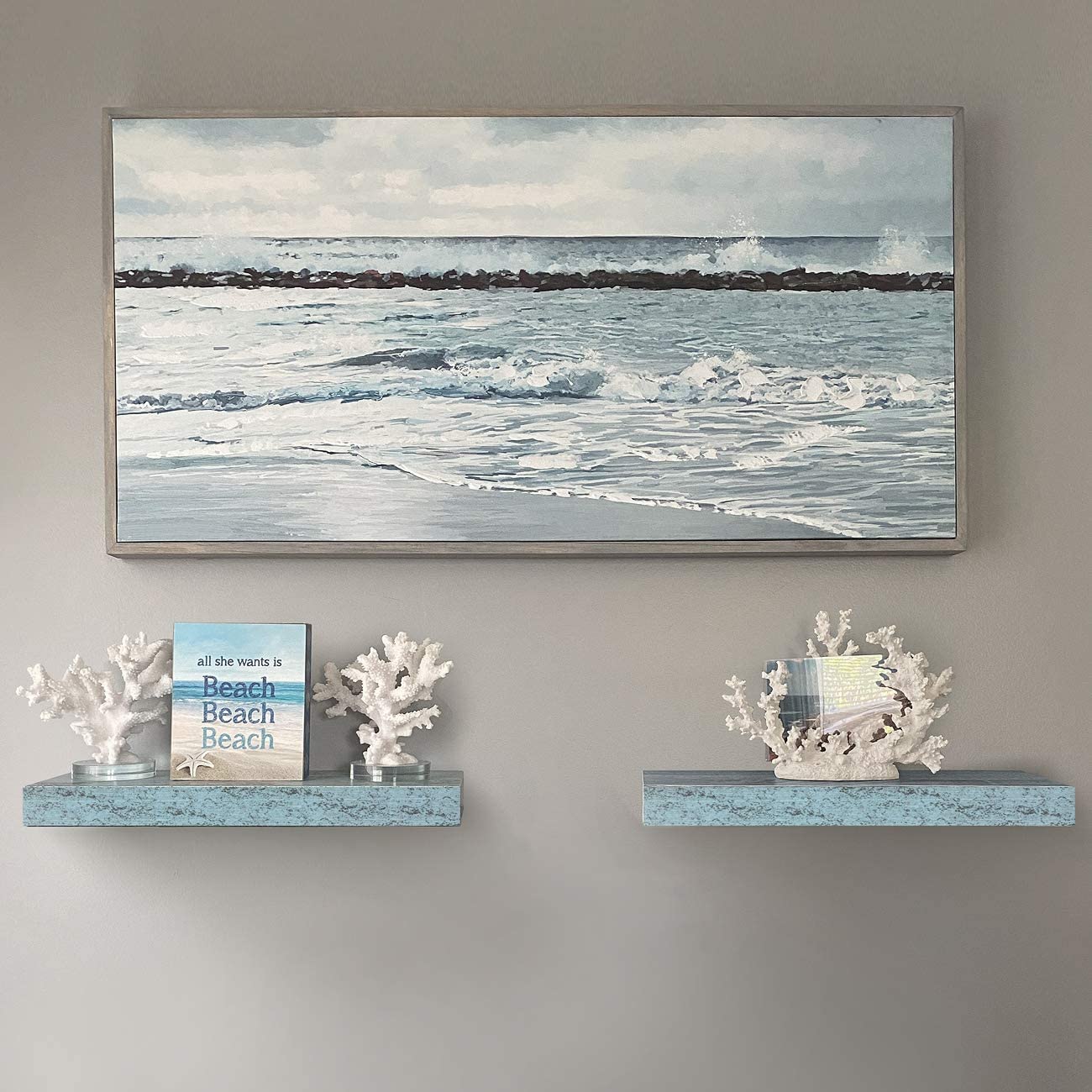 Home Zone Floating Shelf Set - Rustic Wood Coastal Beach Style Hanging Rectangle Wall Shelves for Home Décor, Trophy Display