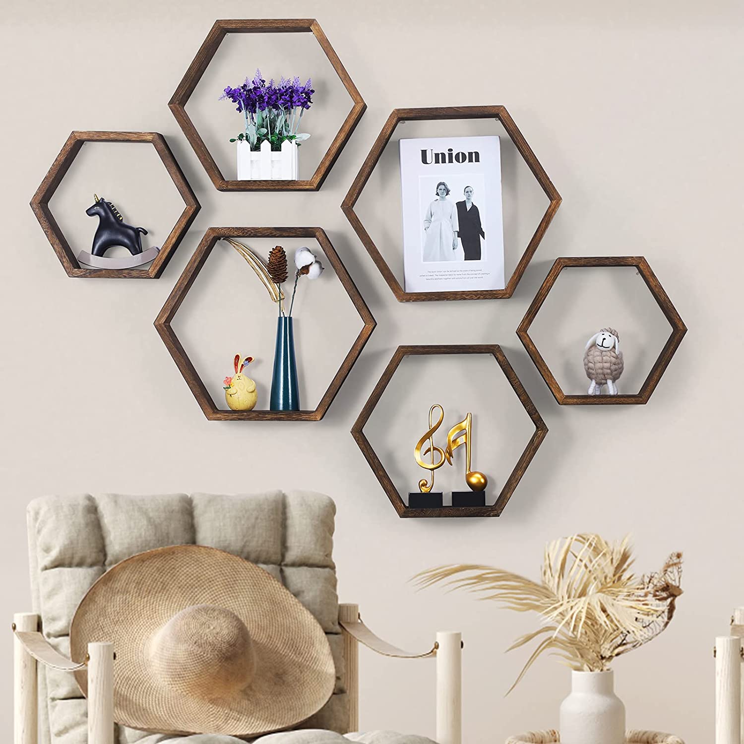 Hexagonal Floating Shelves Wall Mounted, Set of 5 Wood Farmhouse Storage Honeycomb Wall Shelf for Bathroom