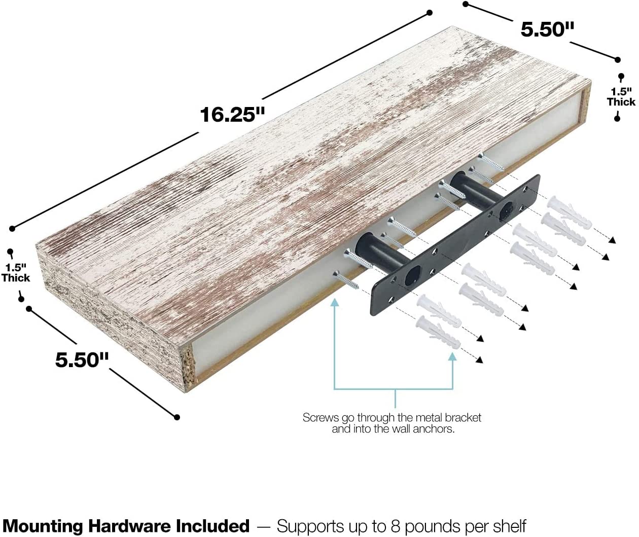 Home Zone Floating Shelf Set - Rustic Wood Coastal Beach Style Hanging Rectangle Wall Shelves for Home Décor, Trophy Display