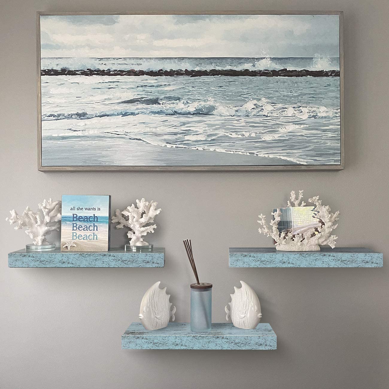 Home Zone Floating Shelf Set - Rustic Wood Coastal Beach Style Hanging Rectangle Wall Shelves for Home Décor, Trophy Display