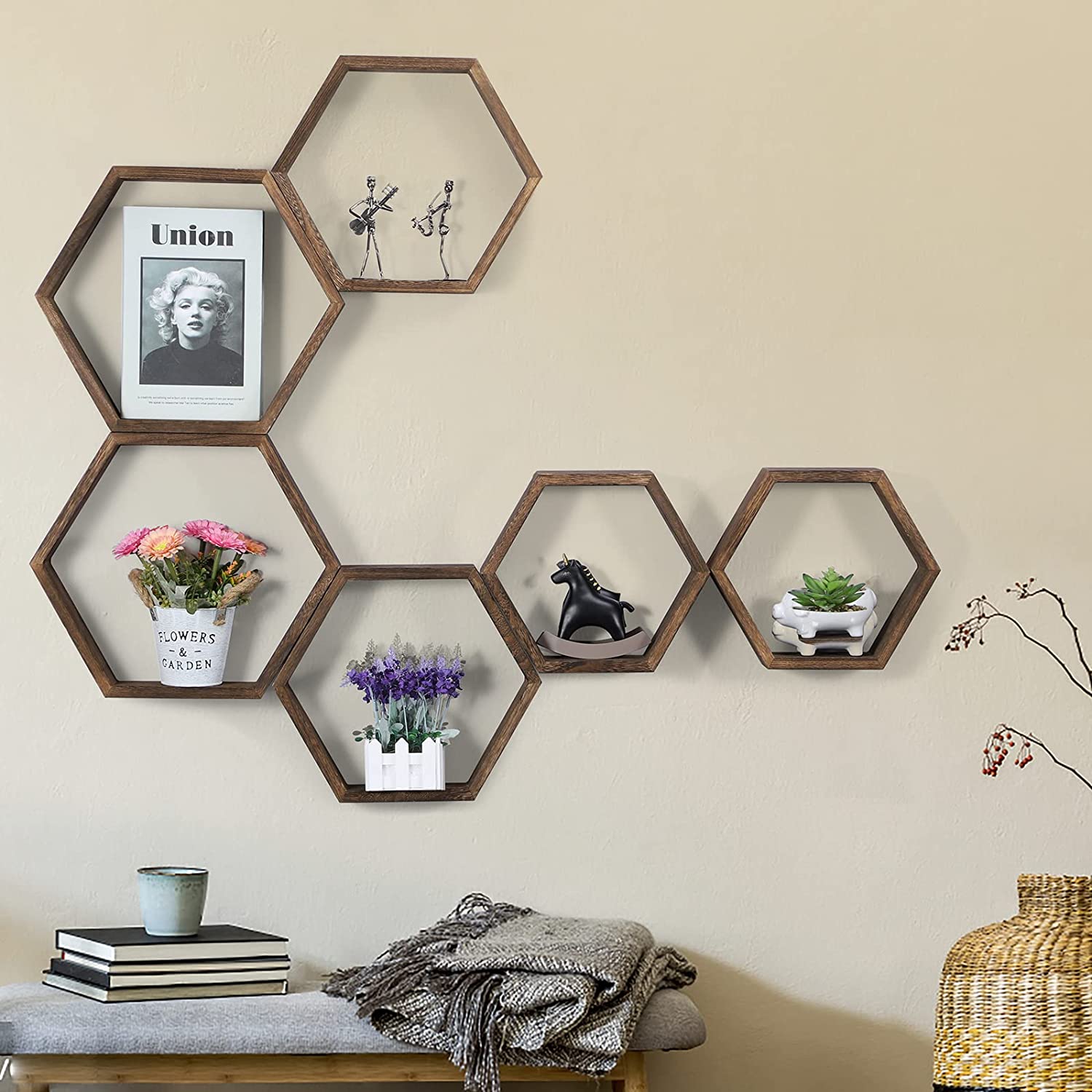 Hexagonal Floating Shelves Wall Mounted, Set of 5 Wood Farmhouse Storage Honeycomb Wall Shelf for Bathroom