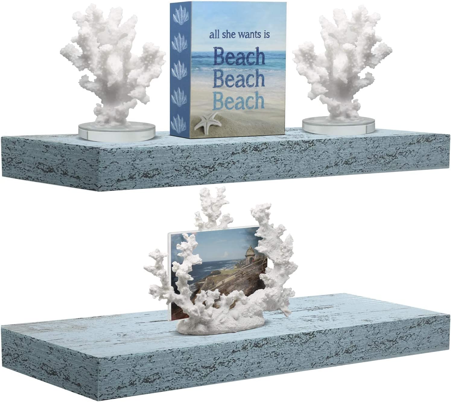 Home Zone Floating Shelf Set - Rustic Wood Coastal Beach Style Hanging Rectangle Wall Shelves for Home Décor, Trophy Display