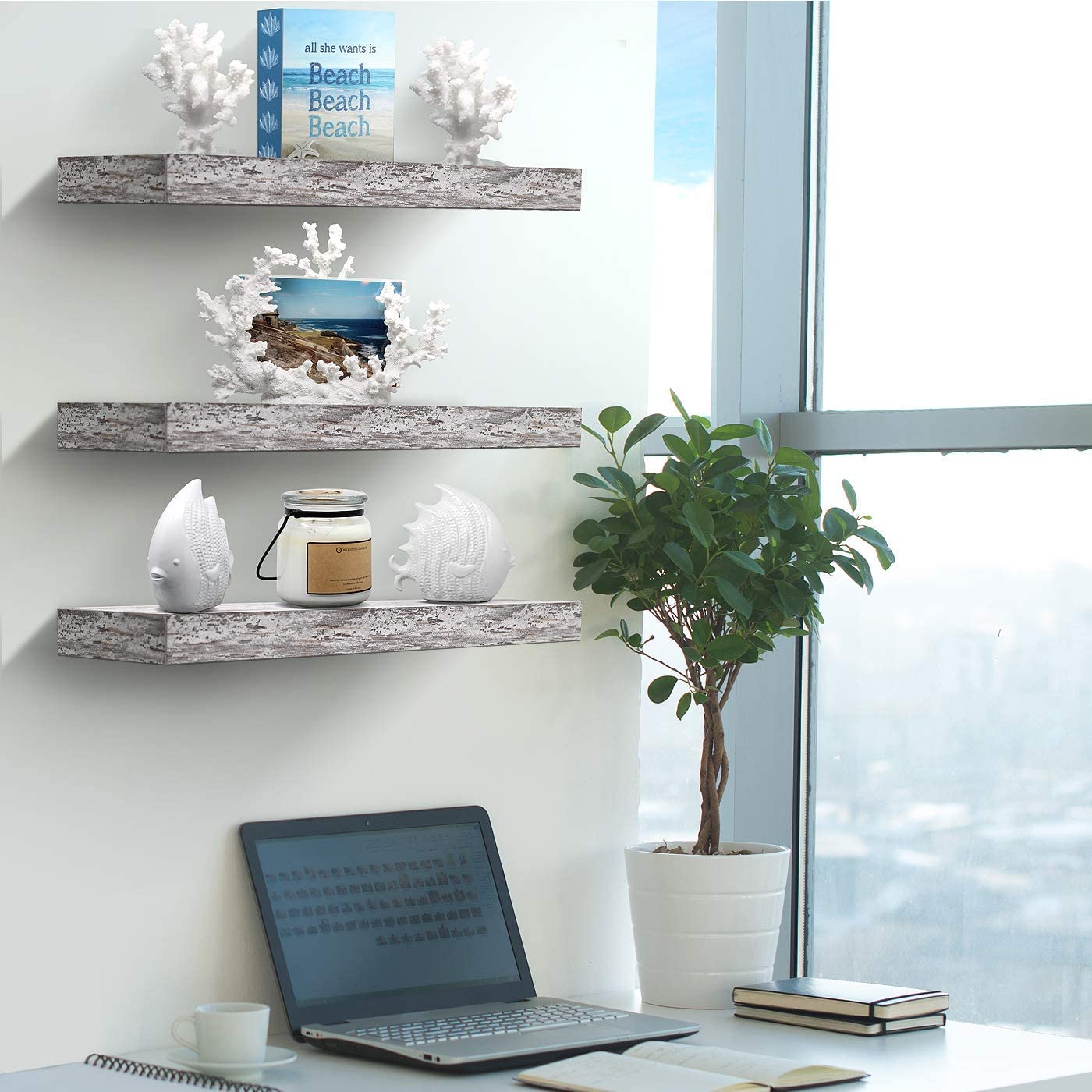 Home Zone Floating Shelf Set - Rustic Wood Coastal Beach Style Hanging Rectangle Wall Shelves for Home Décor, Trophy Display