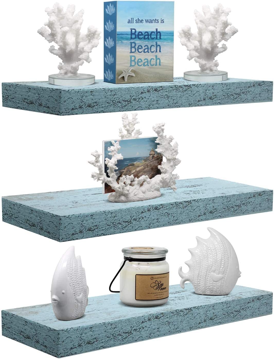 Home Zone Floating Shelf Set - Rustic Wood Coastal Beach Style Hanging Rectangle Wall Shelves for Home Décor, Trophy Display