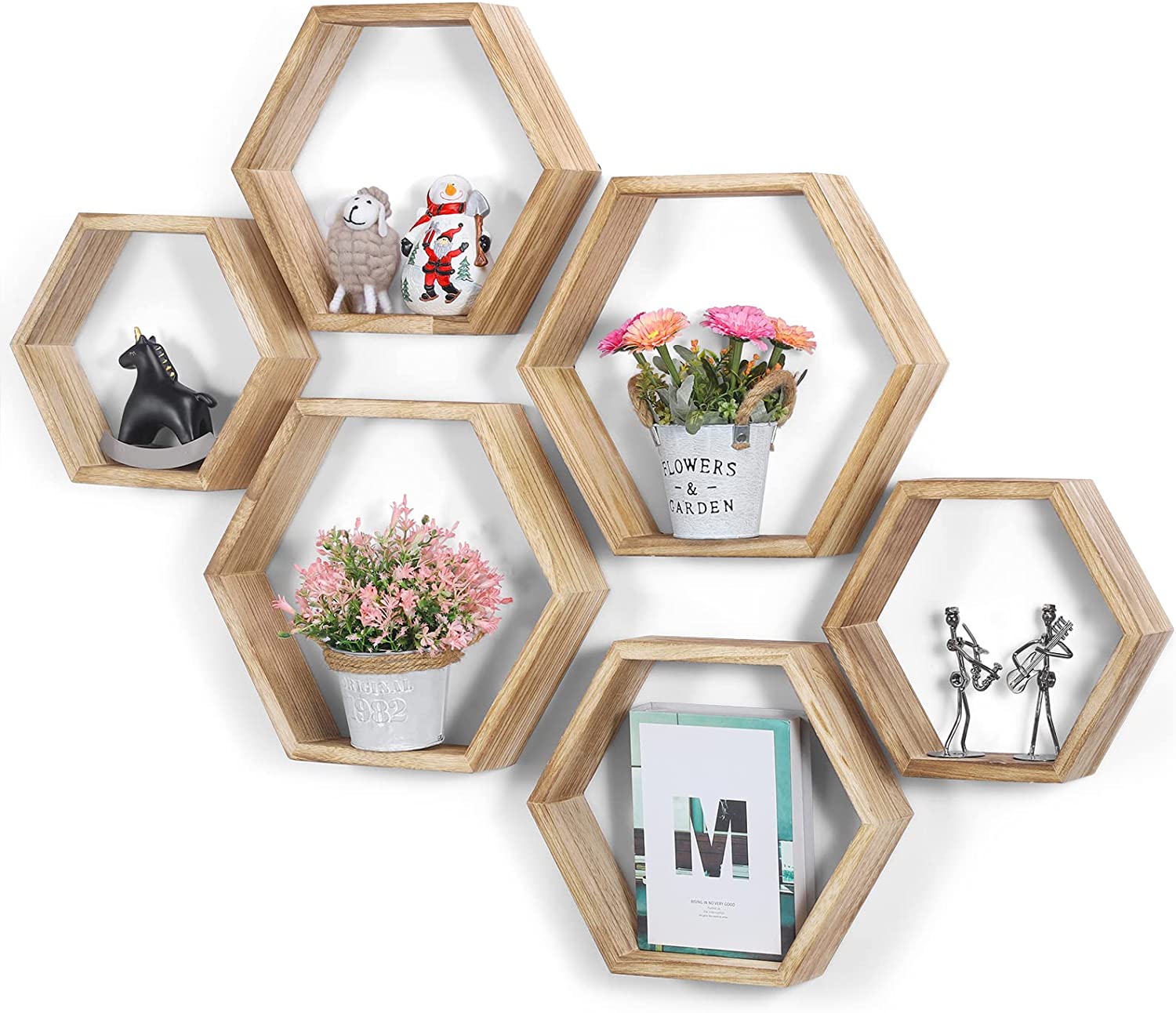 Hexagonal Floating Shelves Wall Mounted, Set of 5 Wood Farmhouse Storage Honeycomb Wall Shelf for Bathroom