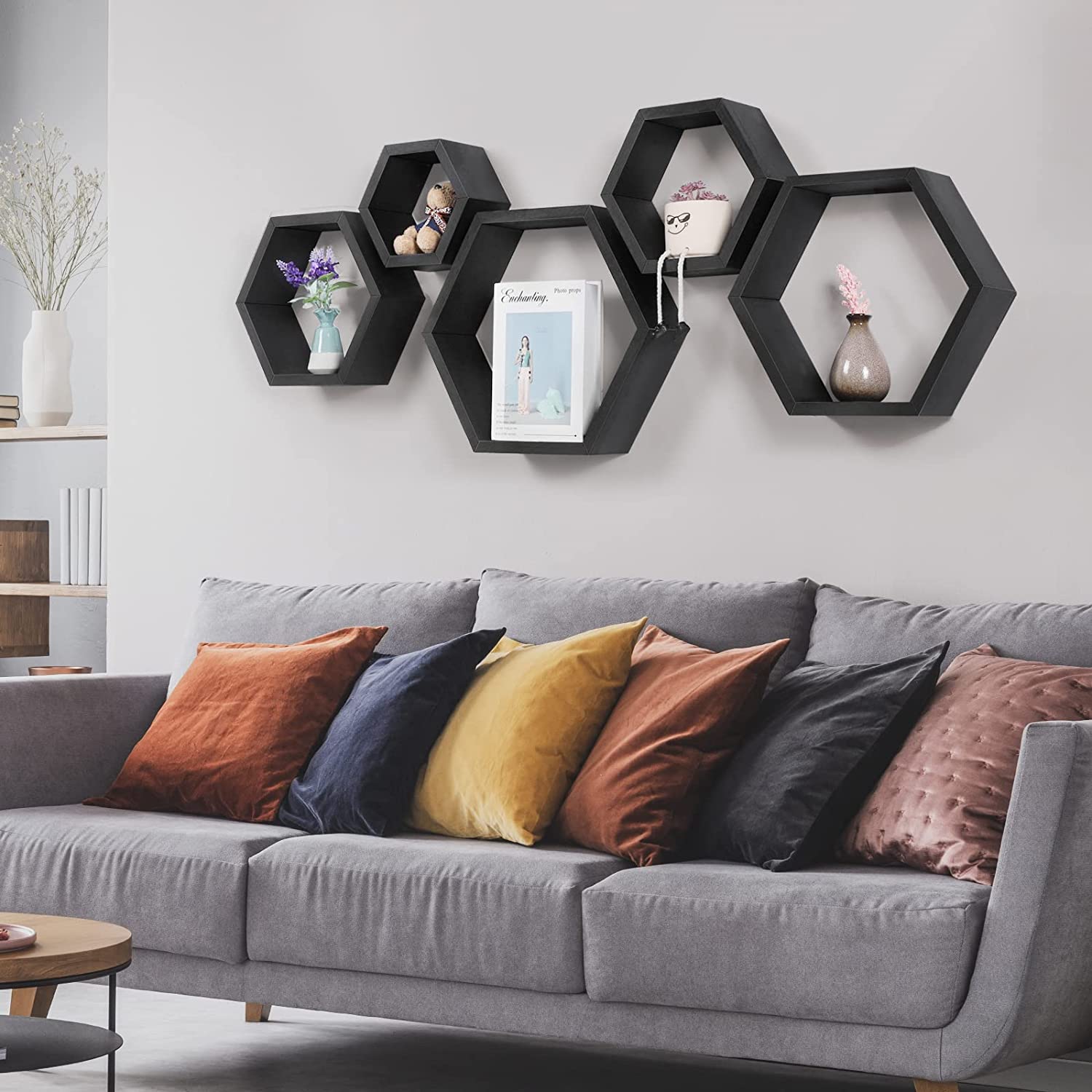 Hexagonal Floating Shelves Wall Mounted, Set of 5 Wood Farmhouse Storage Honeycomb Wall Shelf for Bathroom