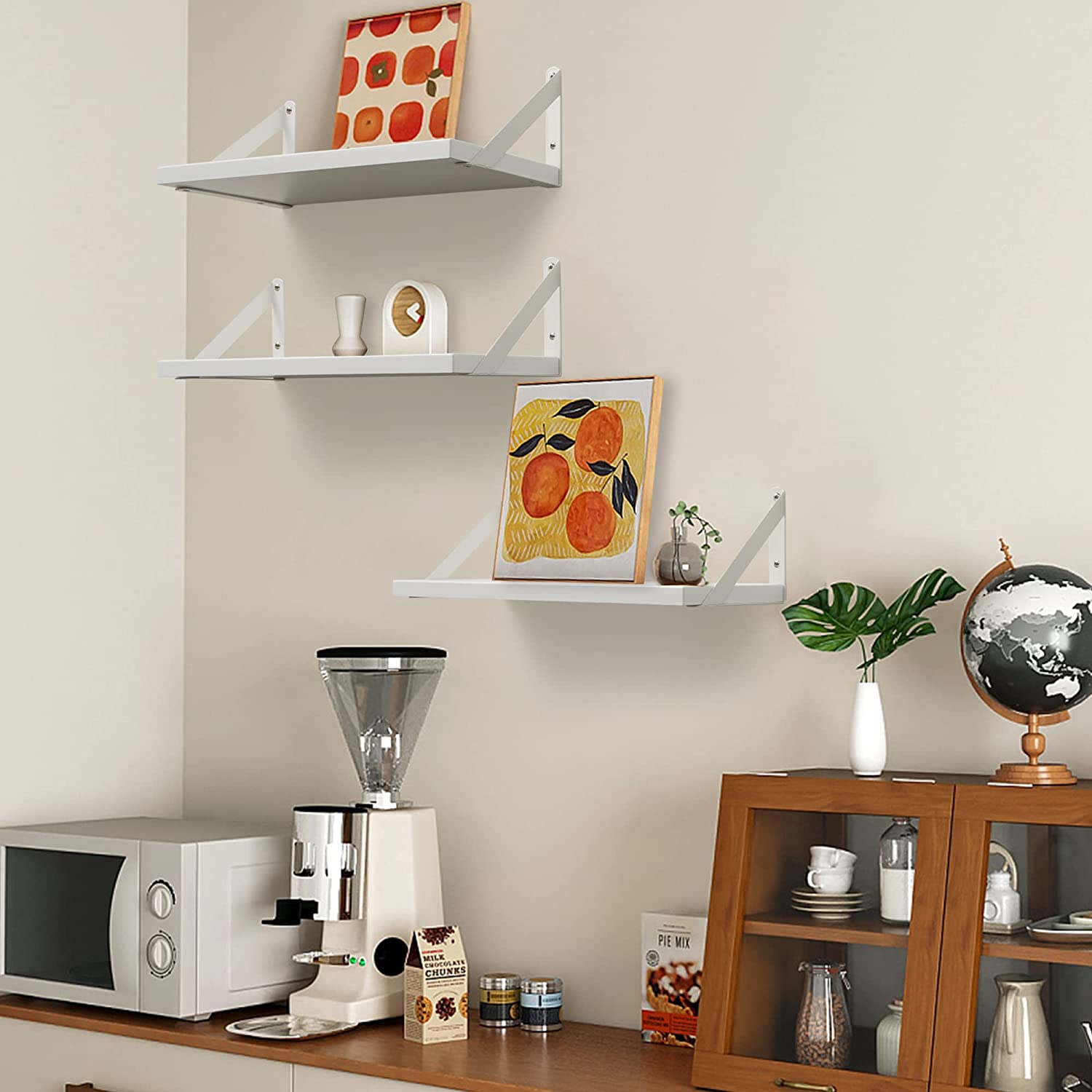 Fun Memories Floating Shelves Set of 3, 24" White Wooden Shelves Wall Mounted Shelves with Visible Metal Bracket