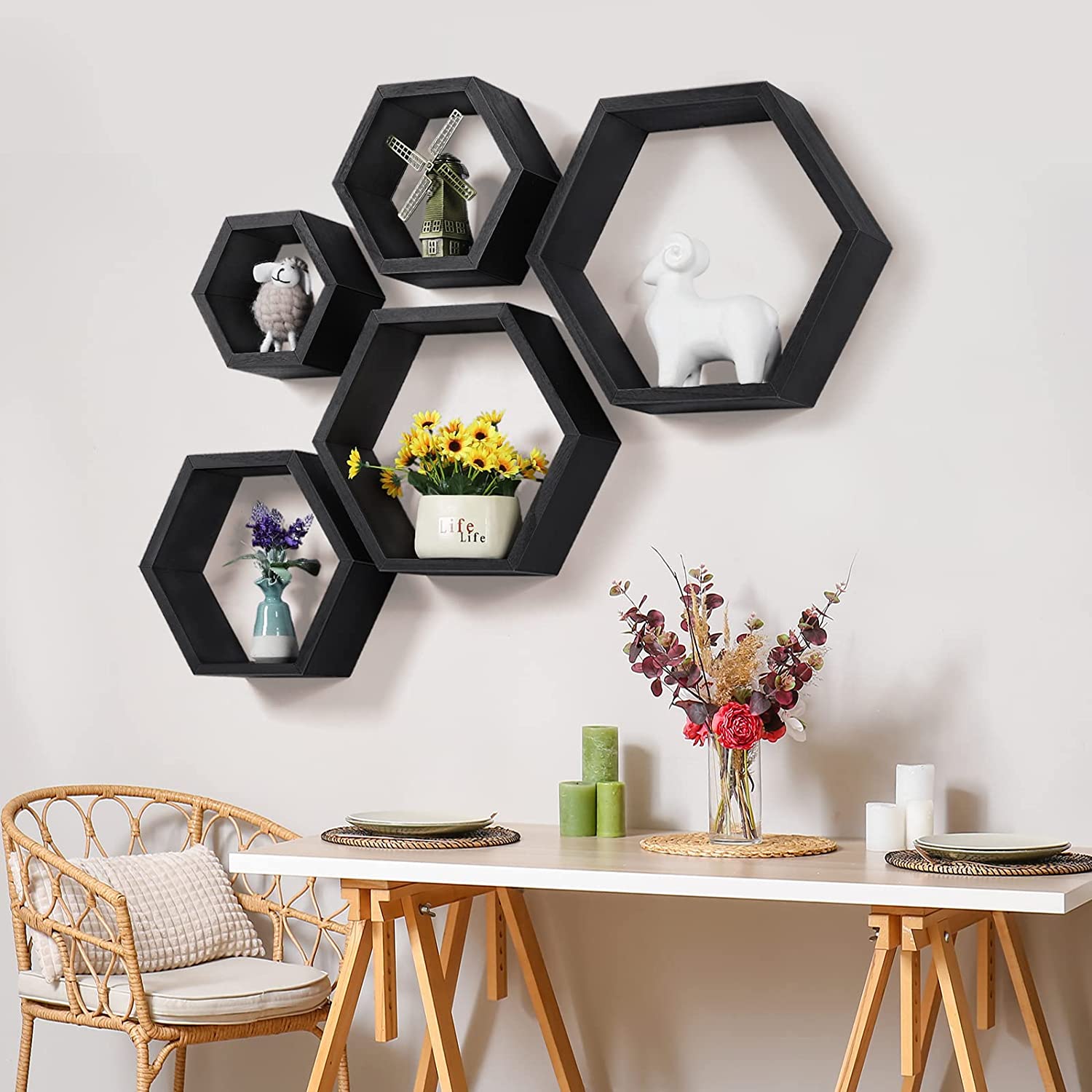 Hexagonal Floating Shelves Wall Mounted, Set of 5 Wood Farmhouse Storage Honeycomb Wall Shelf for Bathroom