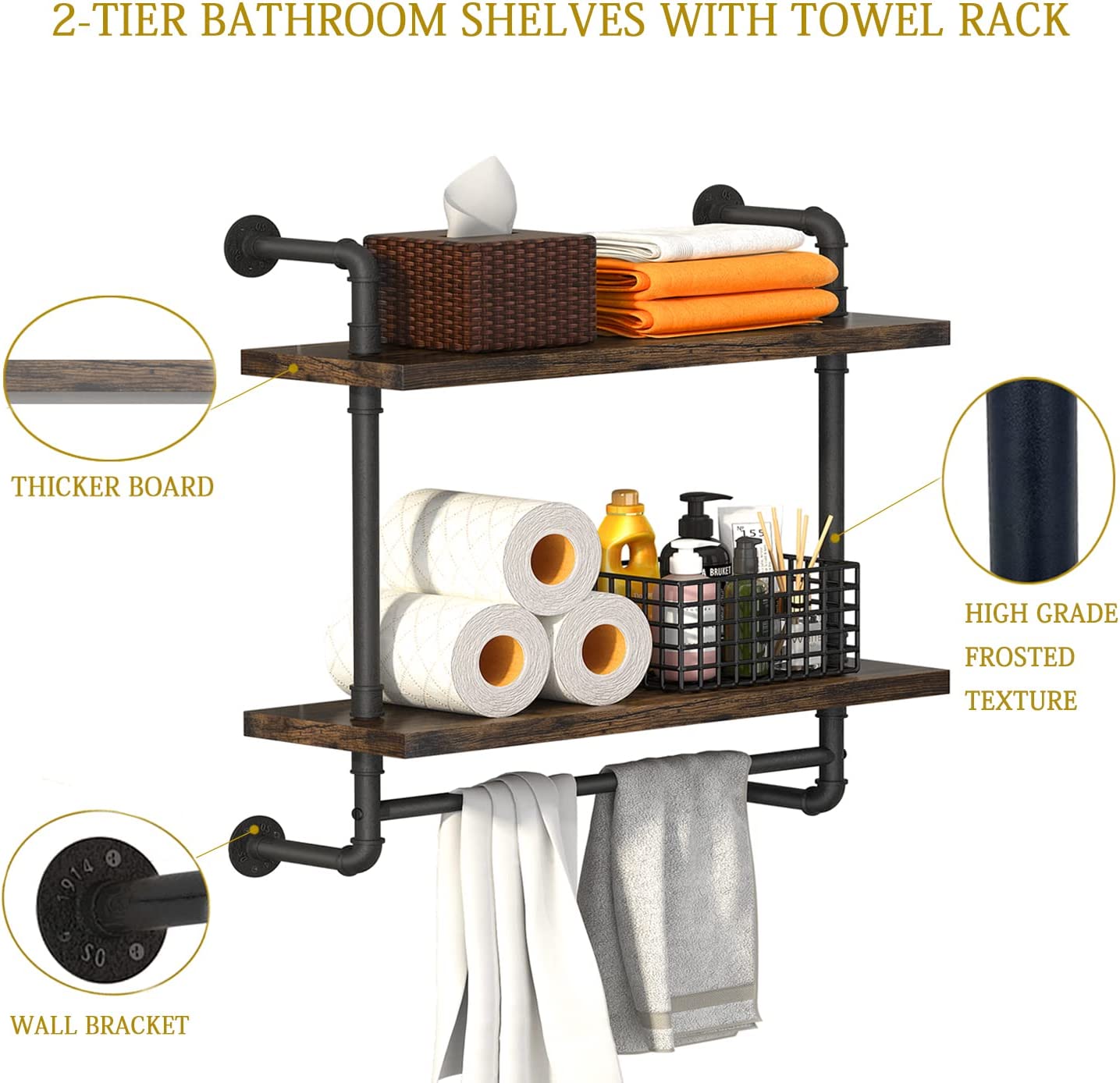 Helsin 24inch Industrial Pipe Shelving Bathroom Shelves Wall Mounted with Towel bar, 2 Tier Rustic Wood Floating Shelf