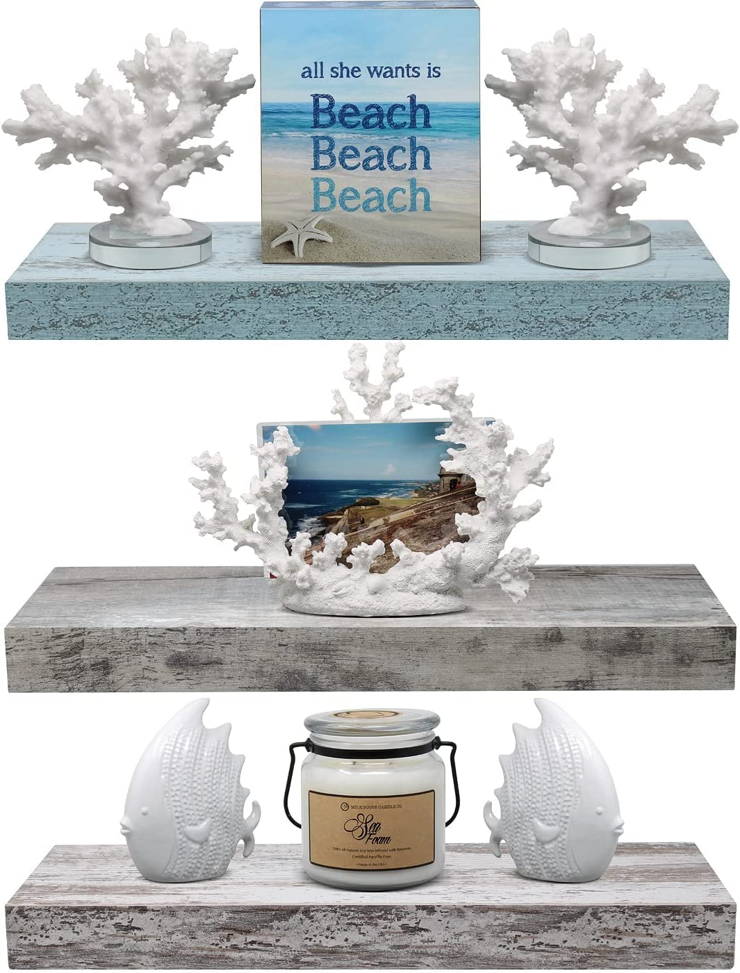 Home Zone Floating Shelf Set - Rustic Wood Coastal Beach Style Hanging Rectangle Wall Shelves for Home Décor, Trophy Display