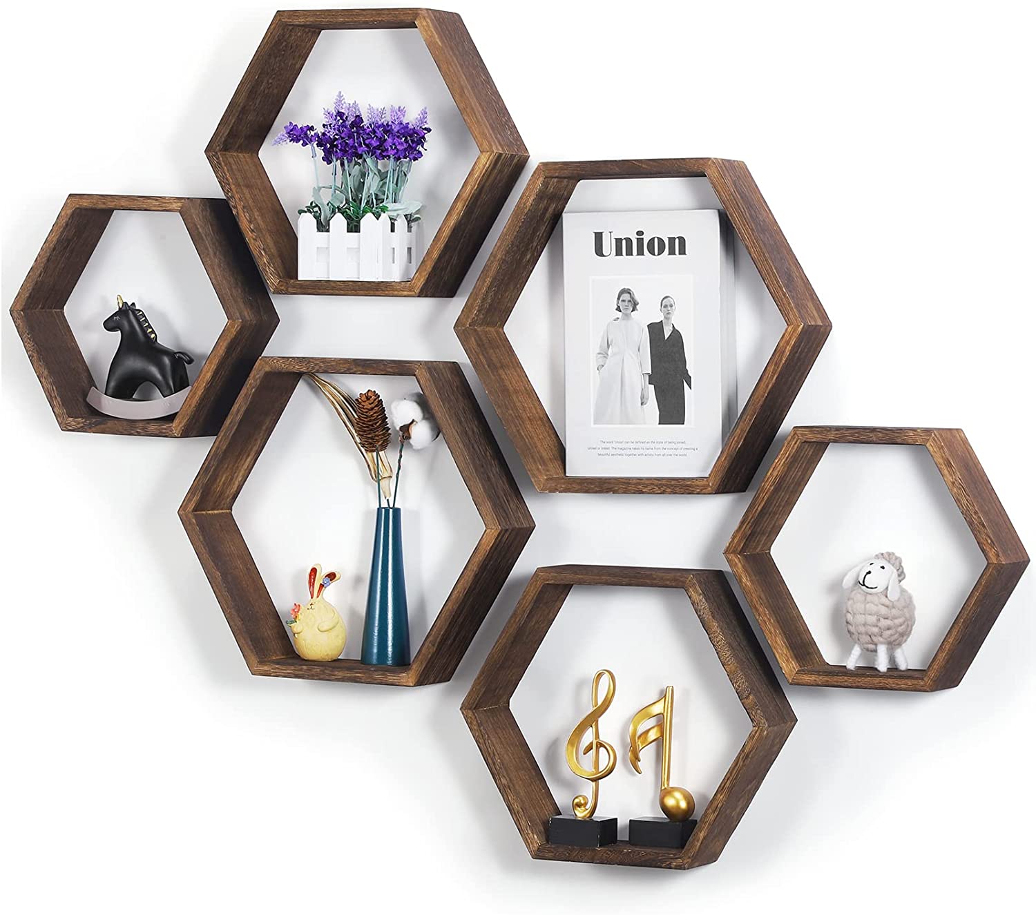 Hexagonal Floating Shelves Wall Mounted, Set of 5 Wood Farmhouse Storage Honeycomb Wall Shelf for Bathroom