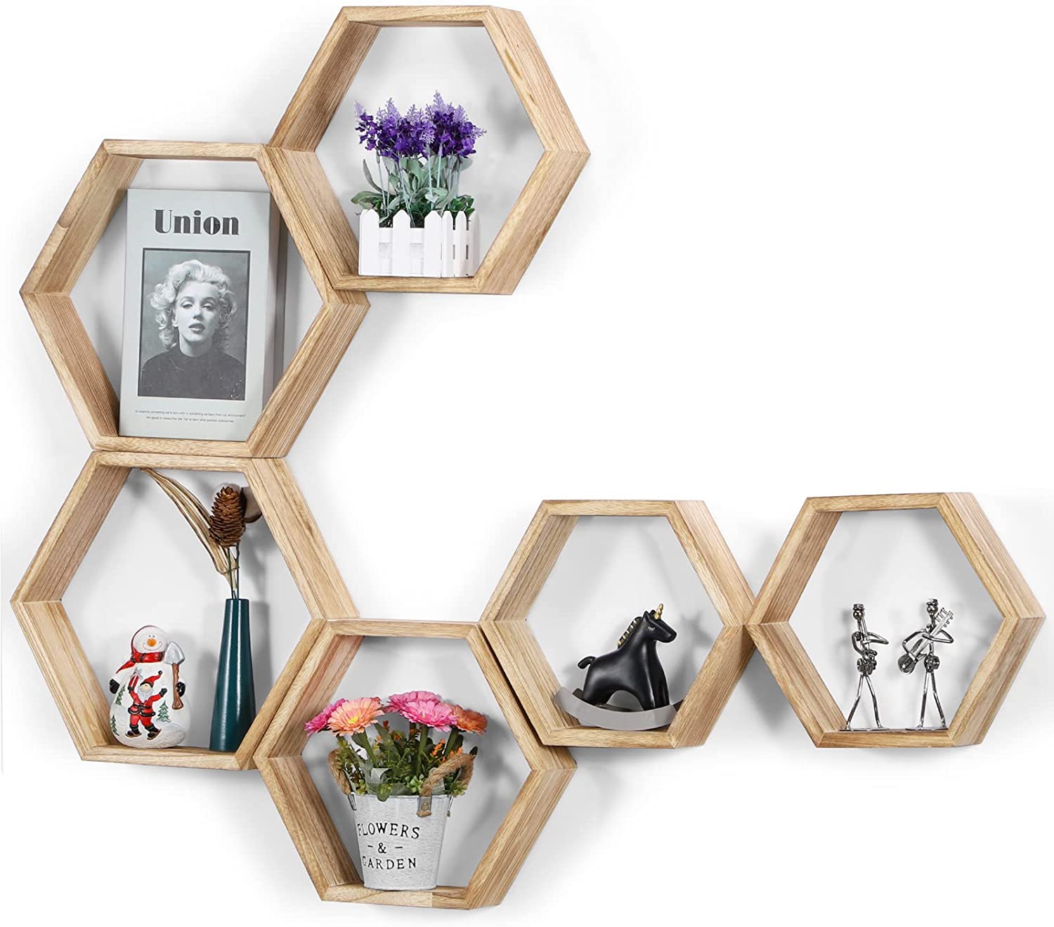 Hexagonal Floating Shelves Wall Mounted, Set of 5 Wood Farmhouse Storage Honeycomb Wall Shelf for Bathroom