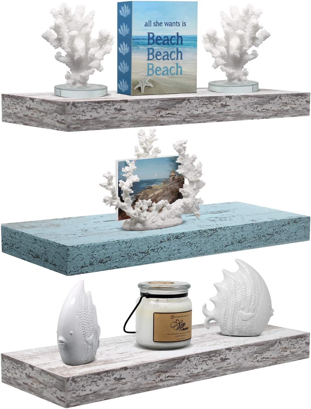 Home Zone Floating Shelf Set - Rustic Wood Coastal Beach Style Hanging Rectangle Wall Shelves for Home Décor, Trophy Display