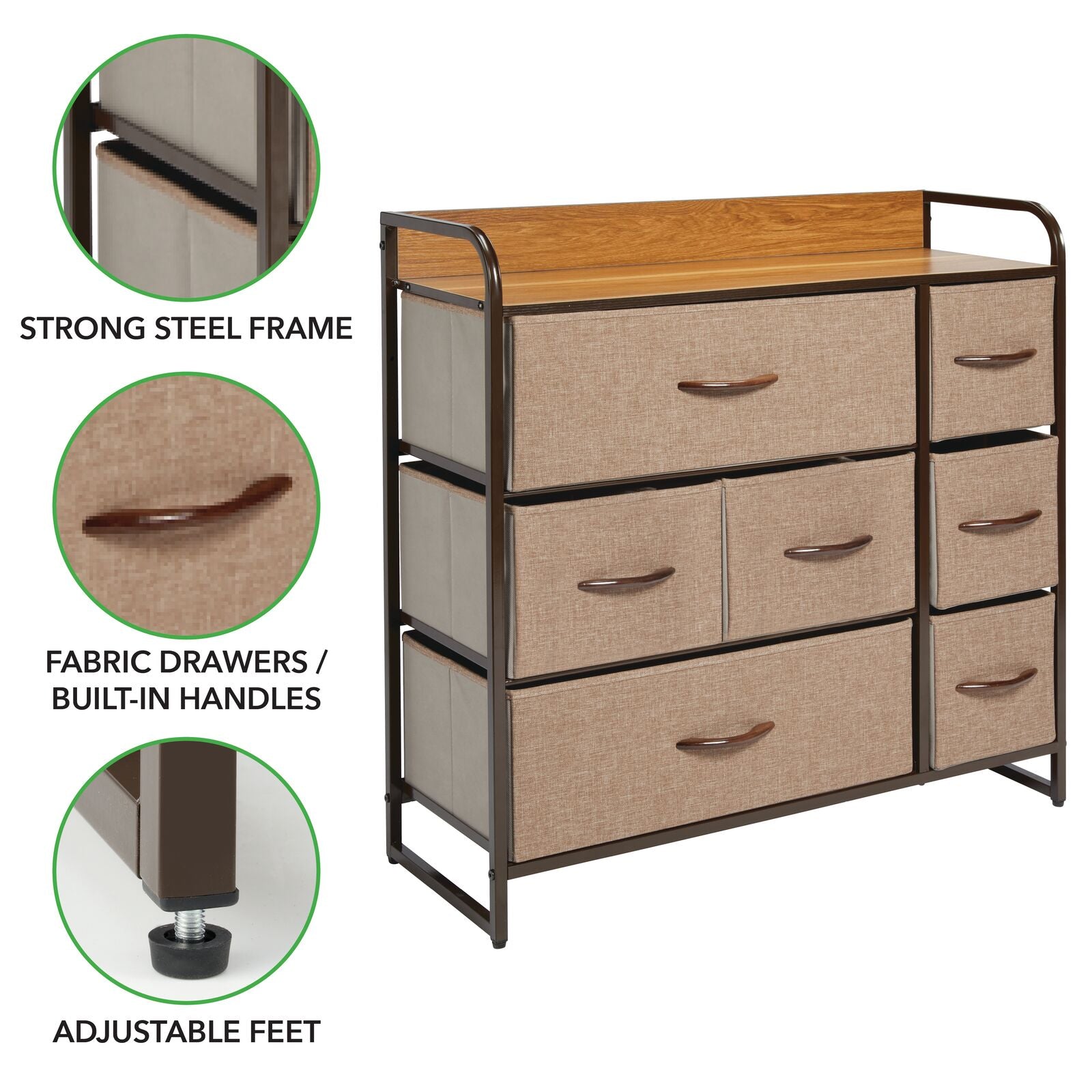 mDesign Dresser Storage Furniture Organizer - Large Standing Unit for Bedroom, Office, Entryway, Living Room and Closet - 7 Removable Fabric Drawers - Coffee/Espresso Brown