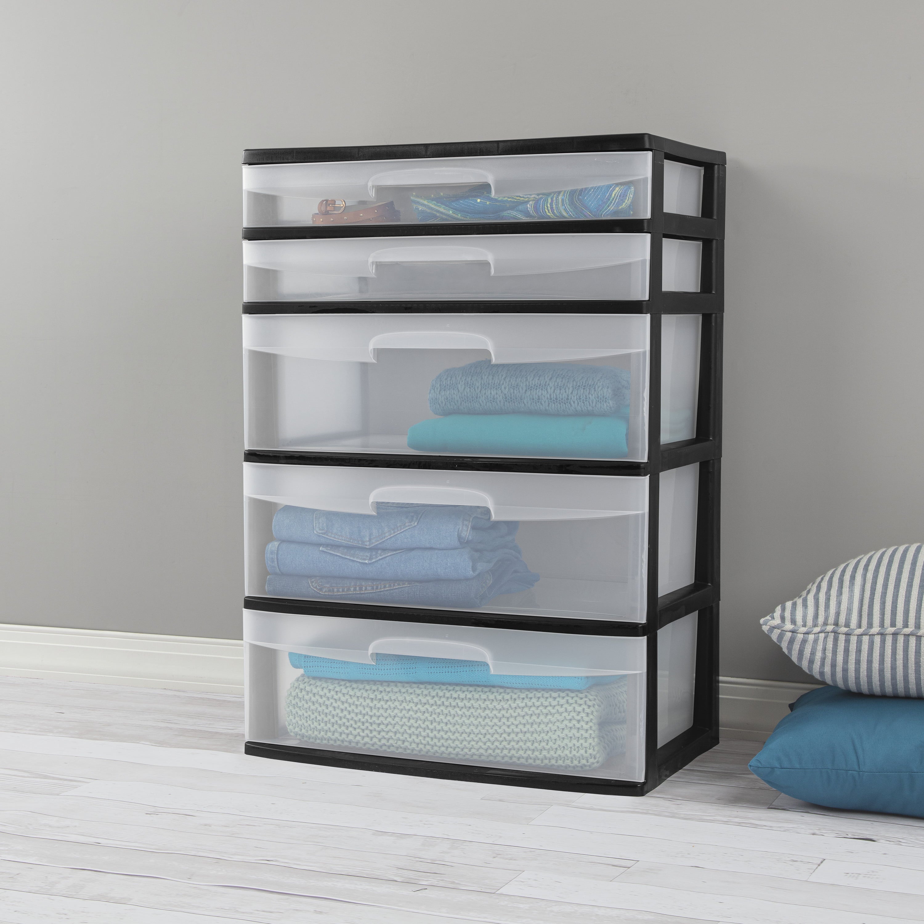 Sterilite Plastic 5 Drawer Wide Tower Black