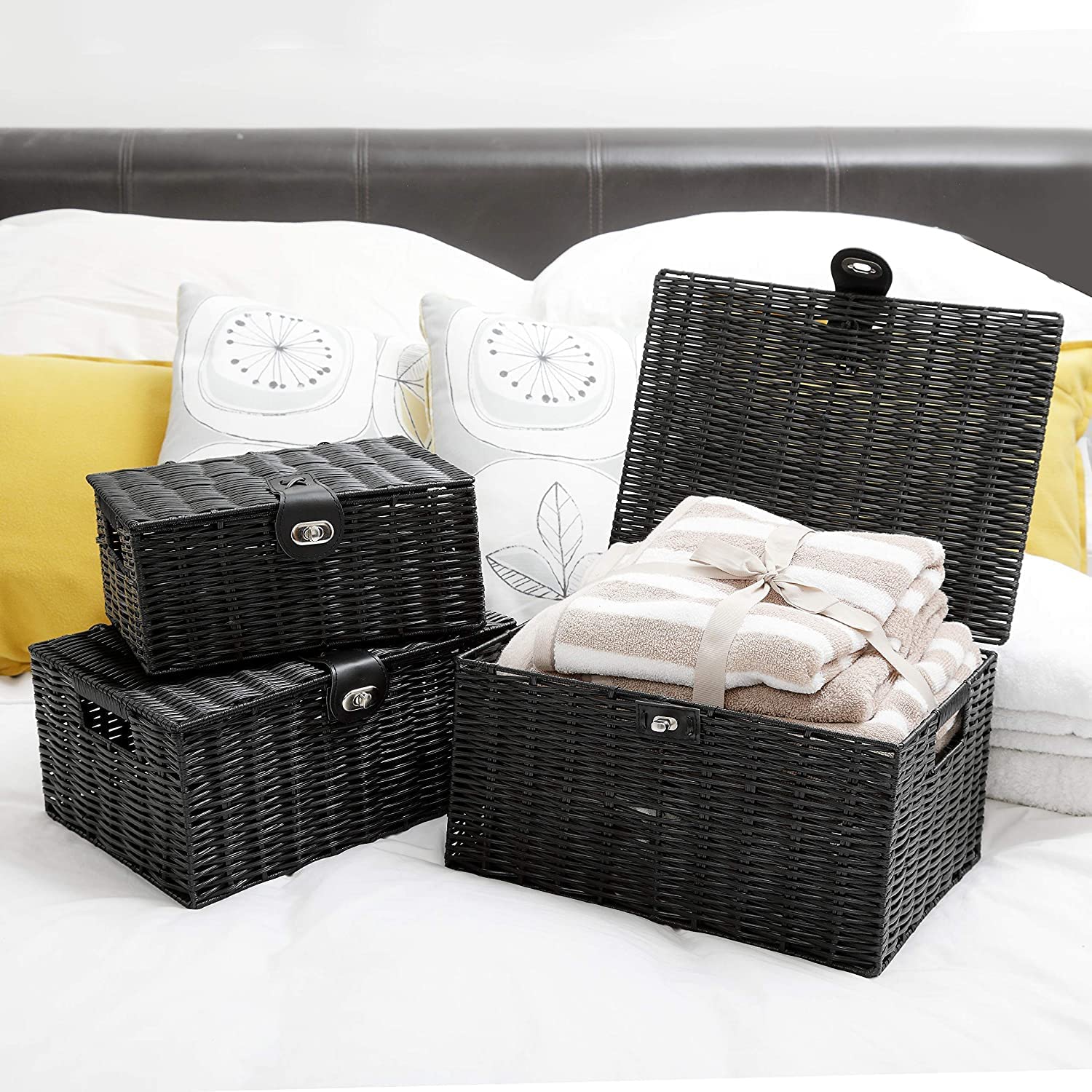 Honygebia White Woven Storage Baskets - Decorative Nesting Boxes with Lids and Locks, Easy Clean (Set of 3)