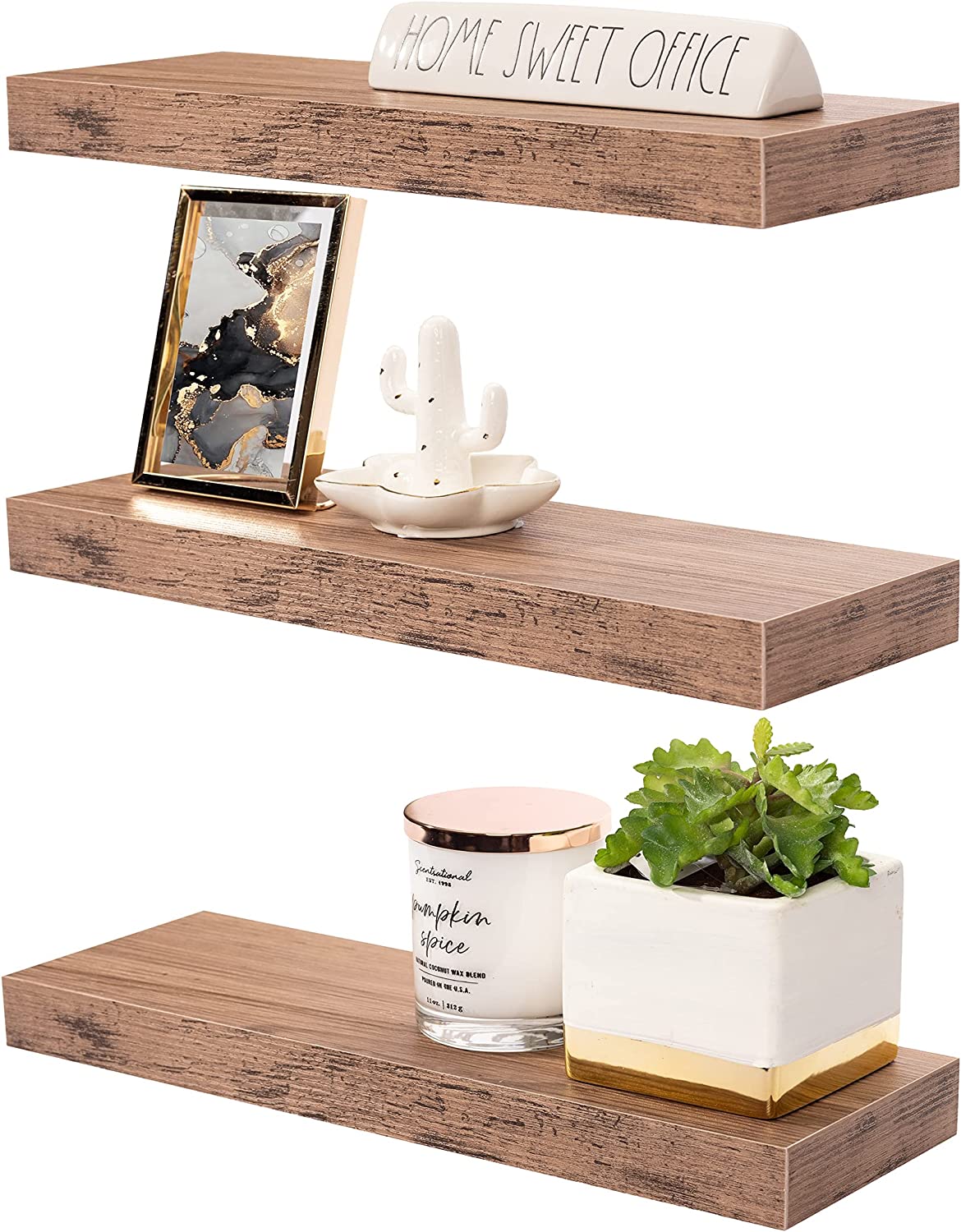 Sorbus Floating Shelf Set — Rustic Wood Hanging Rectangle Wall Shelves — Perfect for Home Décor, Trophy Display, Photo Frames, and More