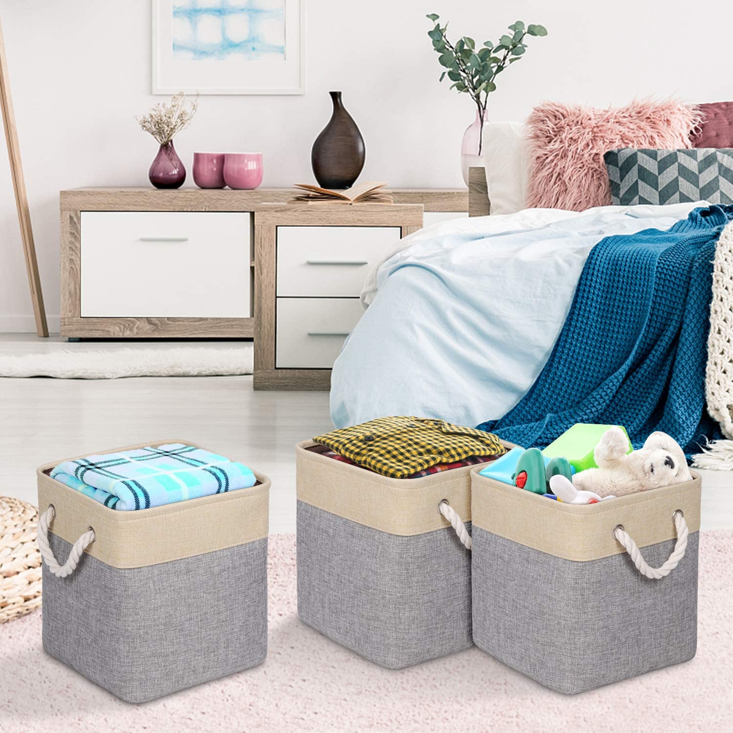 Syeeiex 10.5 Storage Cubes, 10.5'' X 10.5'' X 11'' Cube Storage Bins with Rope Handles, Storage Bin Cubes for Clothes Storage, Home, Nursery Home, Beige & Grey Set of 3