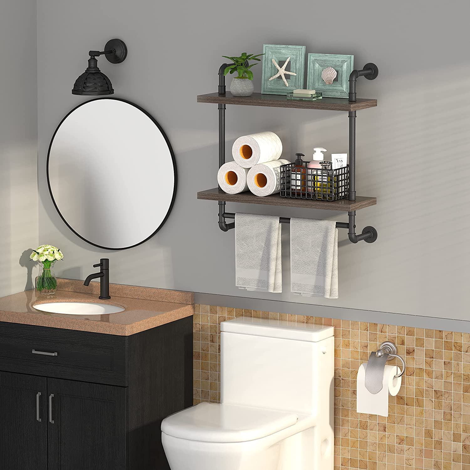 Helsin 24inch Industrial Pipe Shelving Bathroom Shelves Wall Mounted with Towel bar, 2 Tier Rustic Wood Floating Shelf