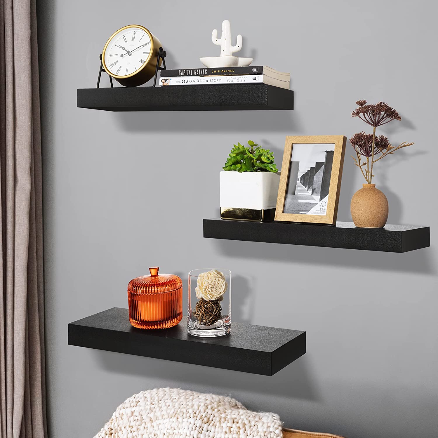 Sorbus Floating Shelf Set — Rustic Wood Hanging Rectangle Wall Shelves — Perfect for Home Décor, Trophy Display, Photo Frames, and More