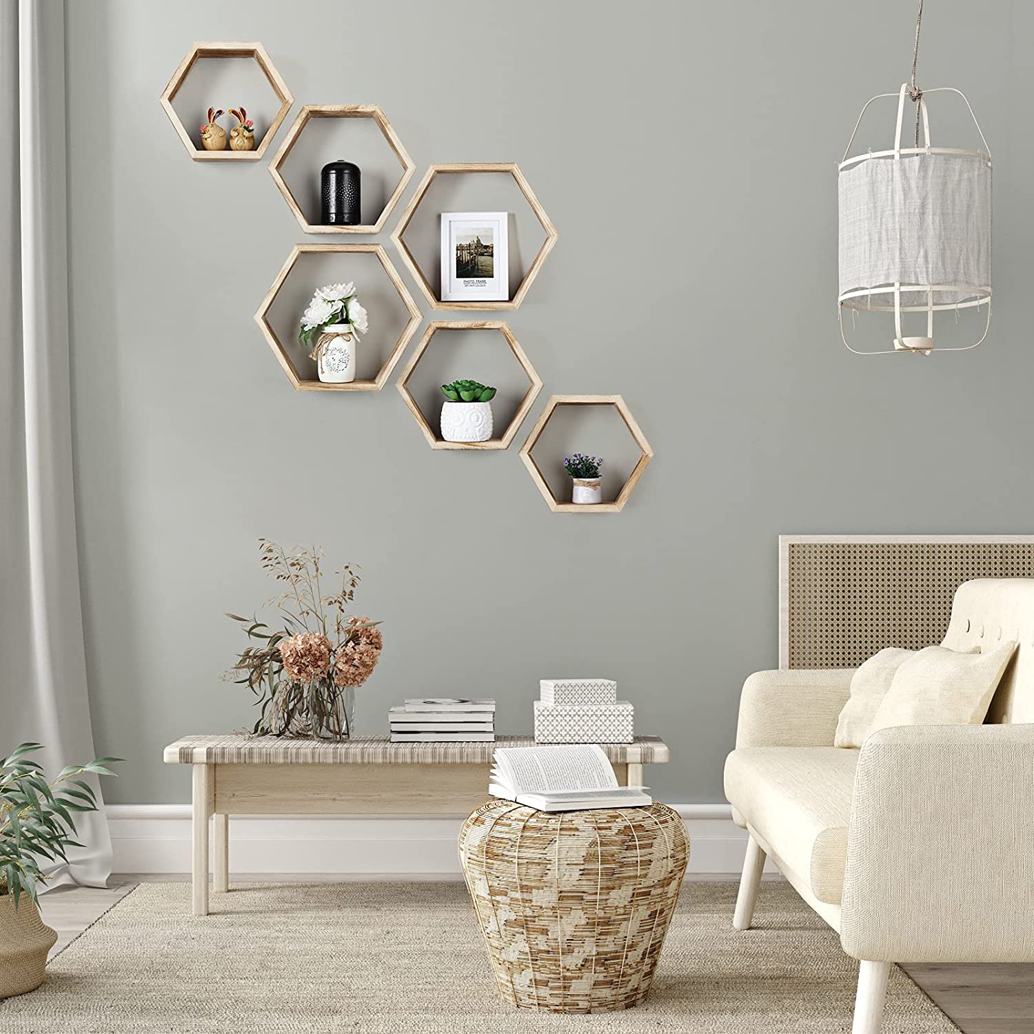 Hexagonal Floating Shelves Wall Mounted, Set of 5 Wood Farmhouse Storage Honeycomb Wall Shelf for Bathroom