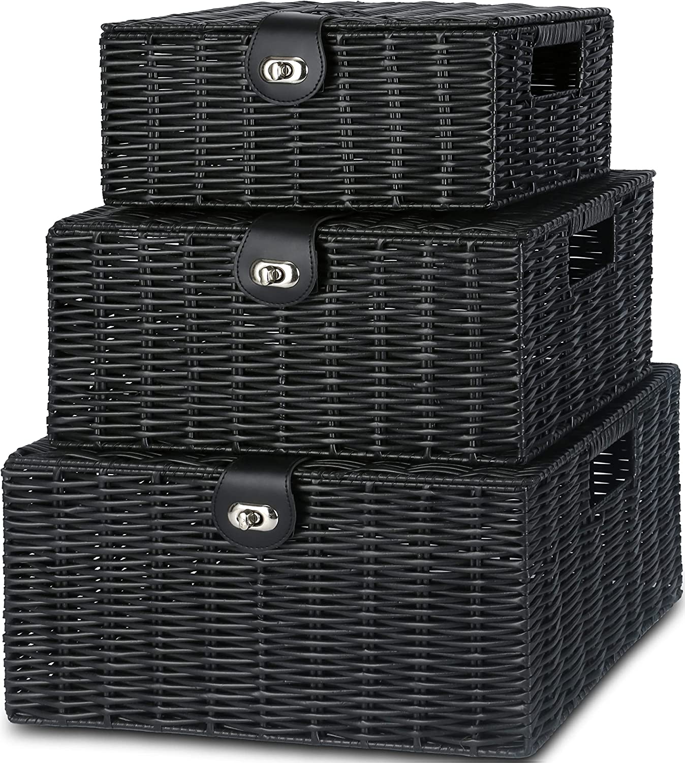 Honygebia White Woven Storage Baskets - Decorative Nesting Boxes with Lids and Locks, Easy Clean (Set of 3)